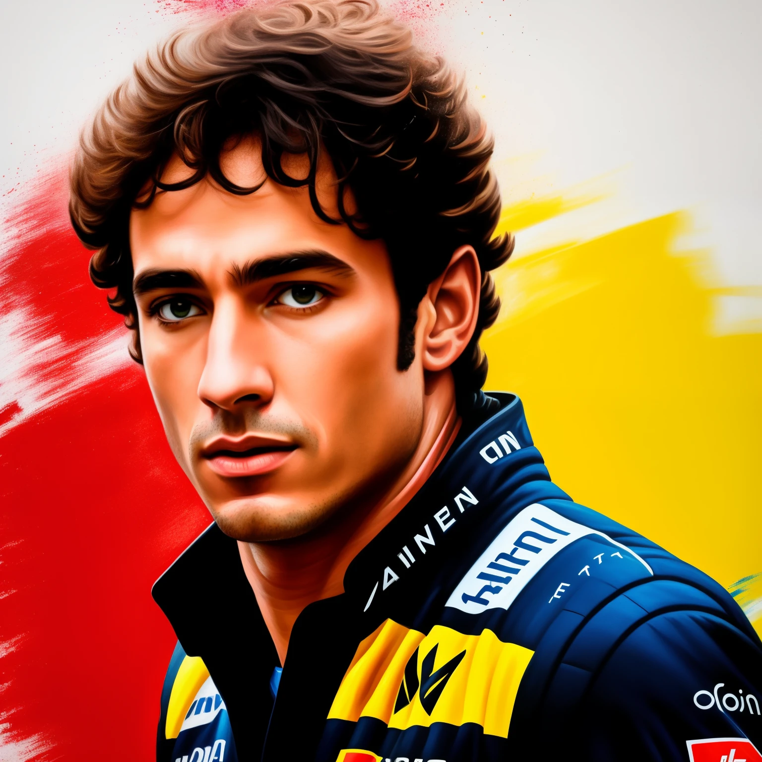 Paint me a Formula 1 driver Airton Senna. Pintura sem estilo: "pop art", 8K cores. Pinte com cores vibrantes e bem definidas, but in a way that the character is easily recognized and revealing the perfection of the character's facial expression.