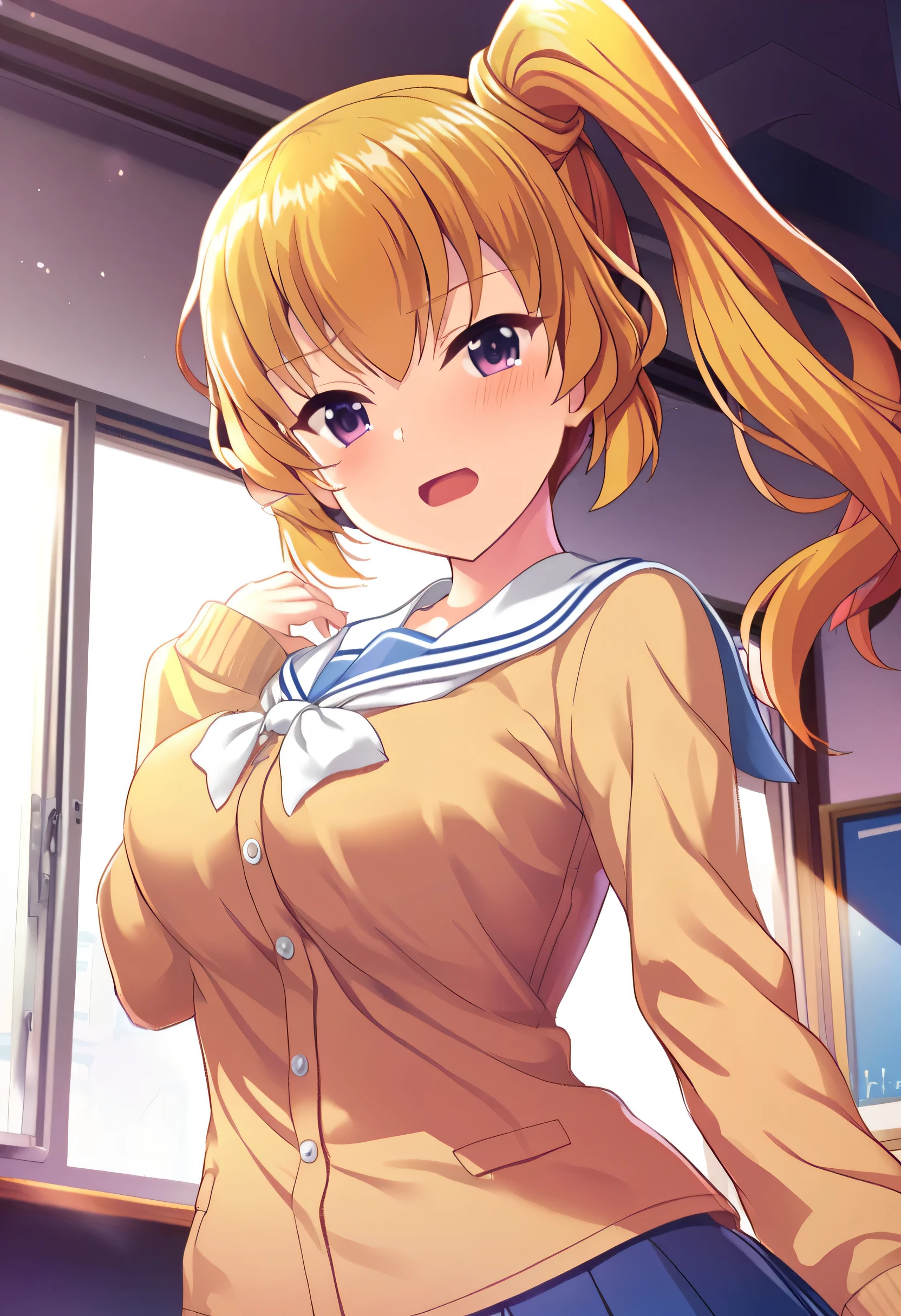 (masterpiece, highest quality), 1 girl, (ALGL:1), (ALGLAiri, Airi:1.5), (Airi hair:1), (Airi eyes:1), chest, medium chest, large chest, school uniform, serafuku, Are standing, looking at the viewer, Upper body, classroom