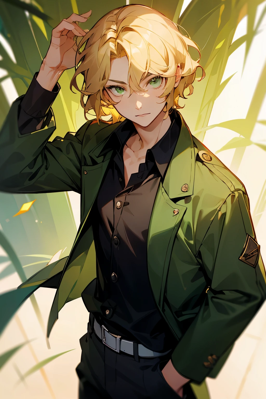 avatar,short wavy hair, black shirt,green jacket, young male, hazel eyes, sunlight, blonde hair
