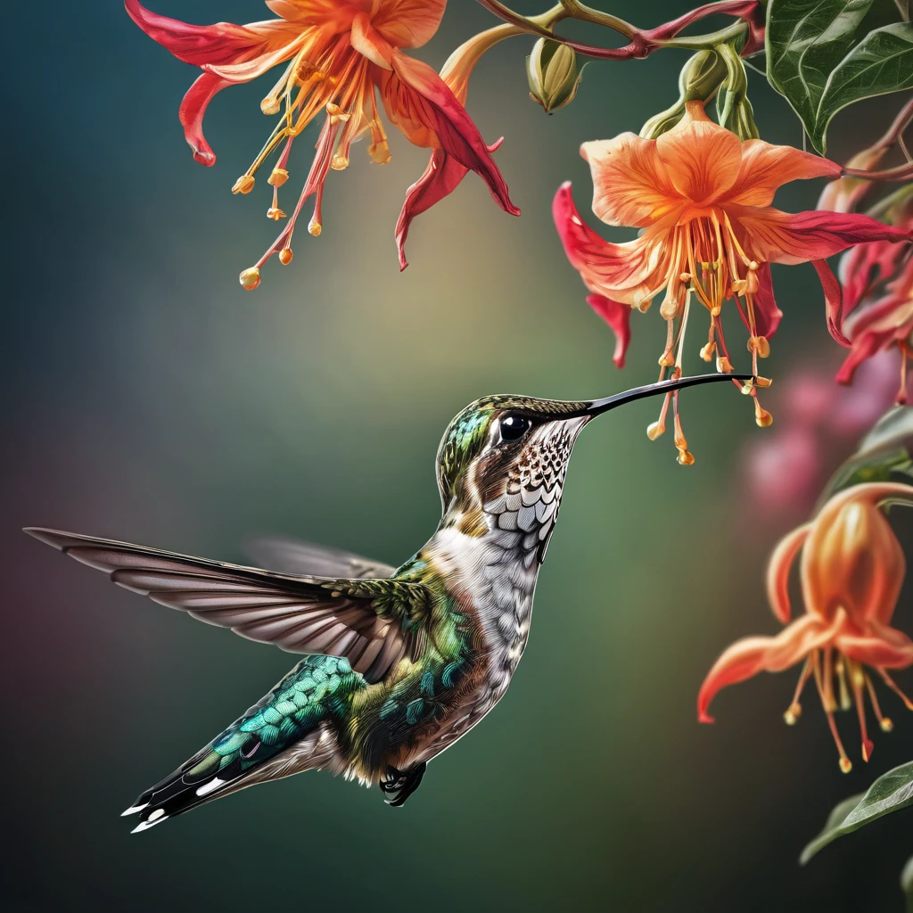 Hummingbird, aesthetic, extremely detailed, Hummingbird drinking from a honeysuckle flower intricate details, HDR, beautifully shot, hyperrealistic, sharp focus, megapixels, perfect composition, high contrast, cinematic, atmospheric, moody
