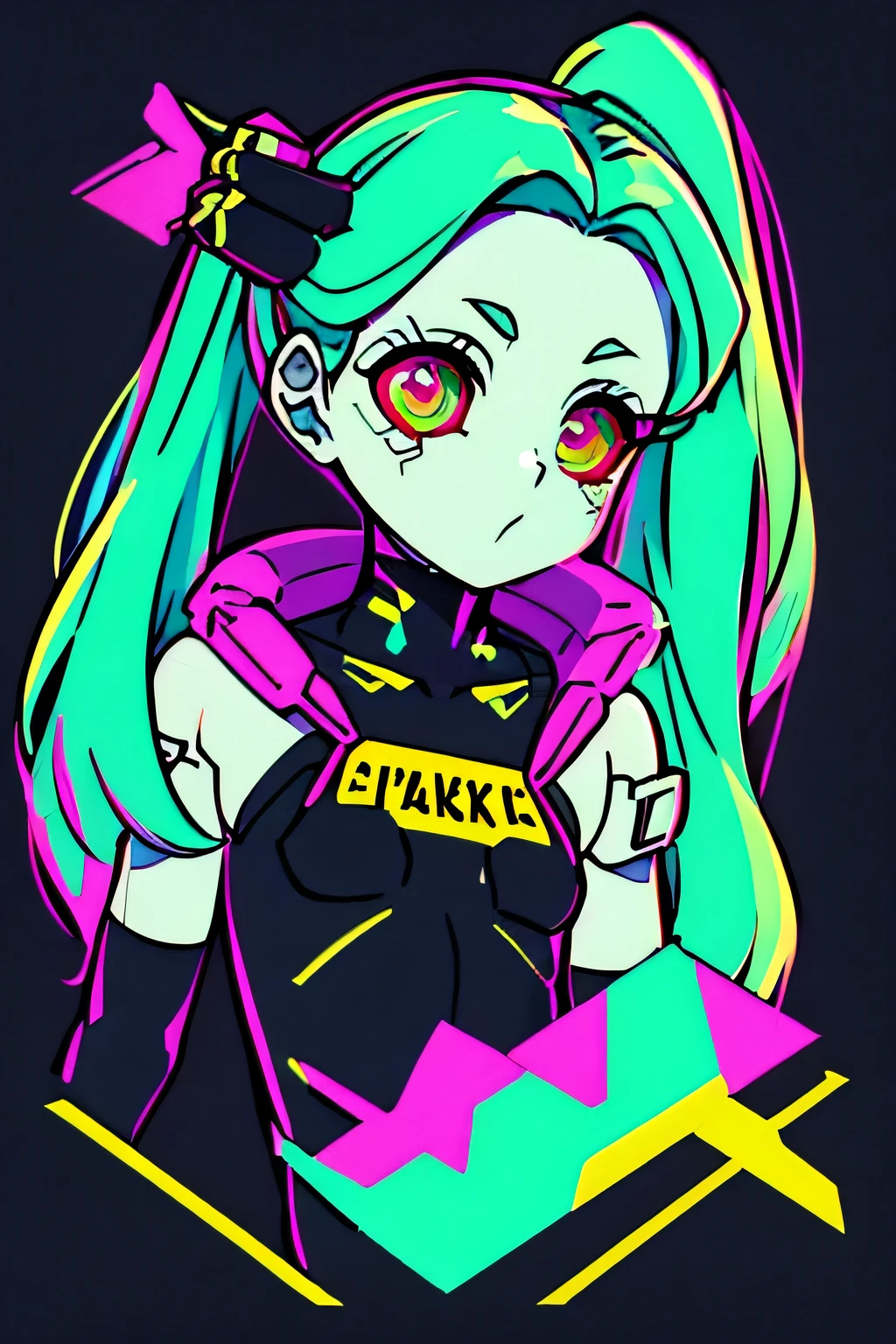 (((Best quality))), ((masterpiece)),/imagine prompt: Rebecca (Cyberpunk: Edgerunners). green hair. pigtails. little chest ,stamped T-shirt, illustration for a sticker with a black background, em estilo de contorno em negrito, bordas irregulares, trashcore, sombreamento claro --v 5.2Logo Cyber Punk 2077,stamped T-shirt, illustration for a sticker with a black background, em estilo de contorno em negrito, bordas irregulares, trashcore, sombreamento claro --v 5.2