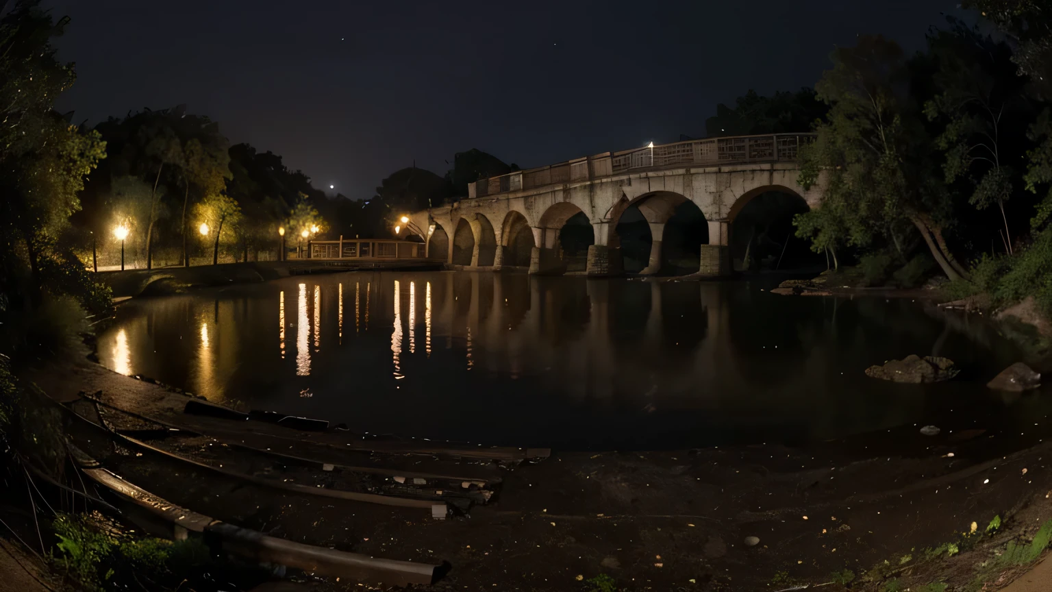 A panoramic view, de un rio en el bosque, con un puente de madera, de noche, con neblina