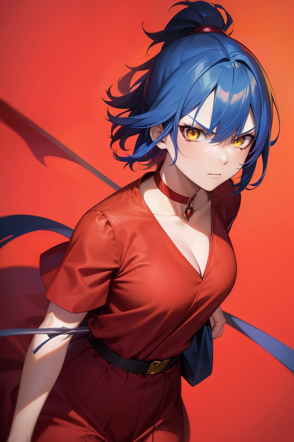 anime style, female character, (((red clothes))), (((blue hair))), short hair, purple choker, (((yellow eyes))), red maid uniform, samurai, detailed, 8k, high quality, emotional effects, anime style, angry face