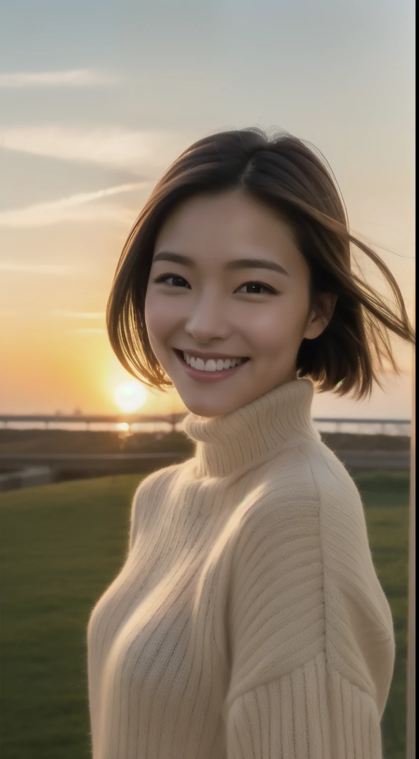 The face is a hostess、Turtleneck sweater、hiquality、A hyper-realistic、healthy、Smiling expression、Slender perfect figure、Japan beauties、beautidful eyes、face perfect、Beautiful skin、the setting sun、Mare