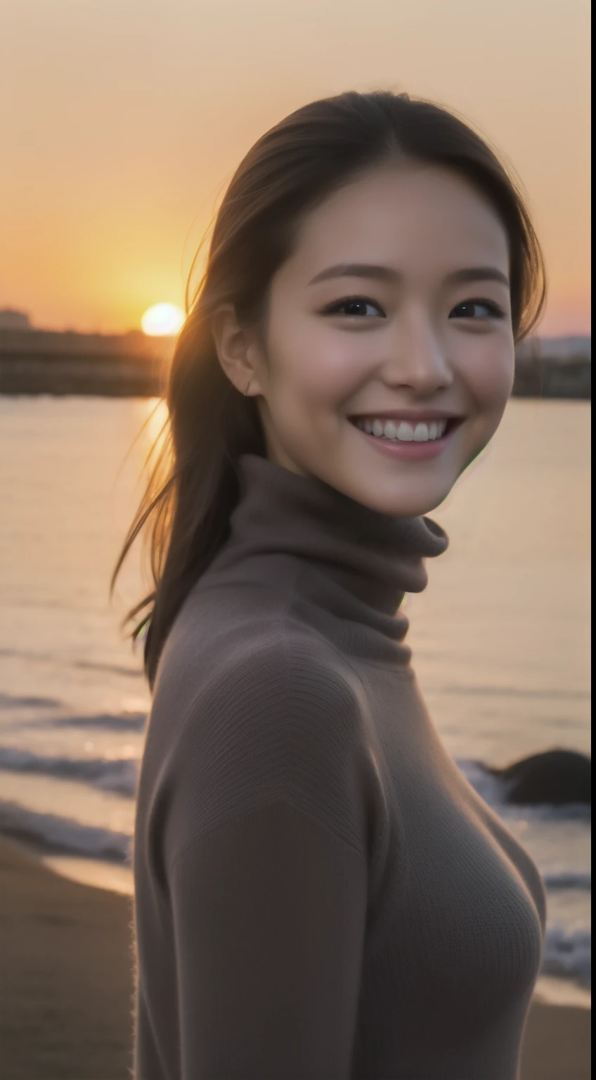 The face is a hostess、Turtleneck sweater、hiquality、A hyper-realistic、healthy、Smiling expression、Slender perfect figure、Japan beauties、beautidful eyes、face perfect、Beautiful skin、the setting sun、Mare
