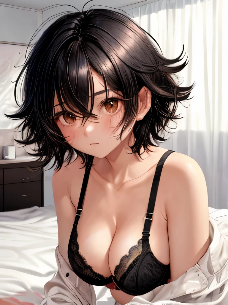 1girl, black hair, messy hair, bedhead, bed hair, short hair, eye bags, close up, looking tired, bra, bedroom, looking at viewer, 