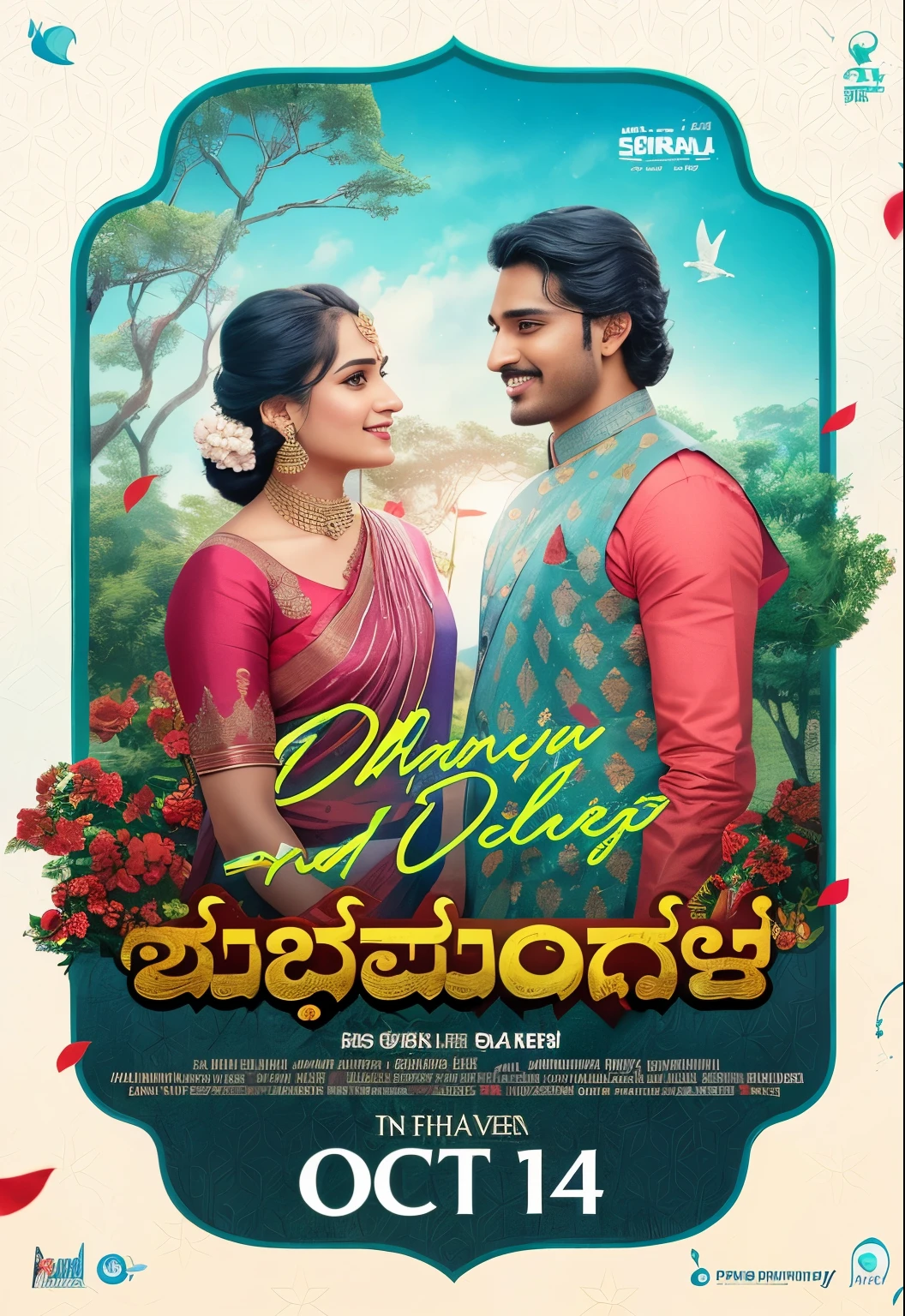 a poster of a man and woman in a sari outfit, movie promotional image, sharandula, official poster, jayison devadas, promotional movie poster, promotional poster, movie promo, movie poster, new song, jayison devadas style, poster for the film, trailer, movie artwork, new release, poster shot, ad image, by Max Dauthendey