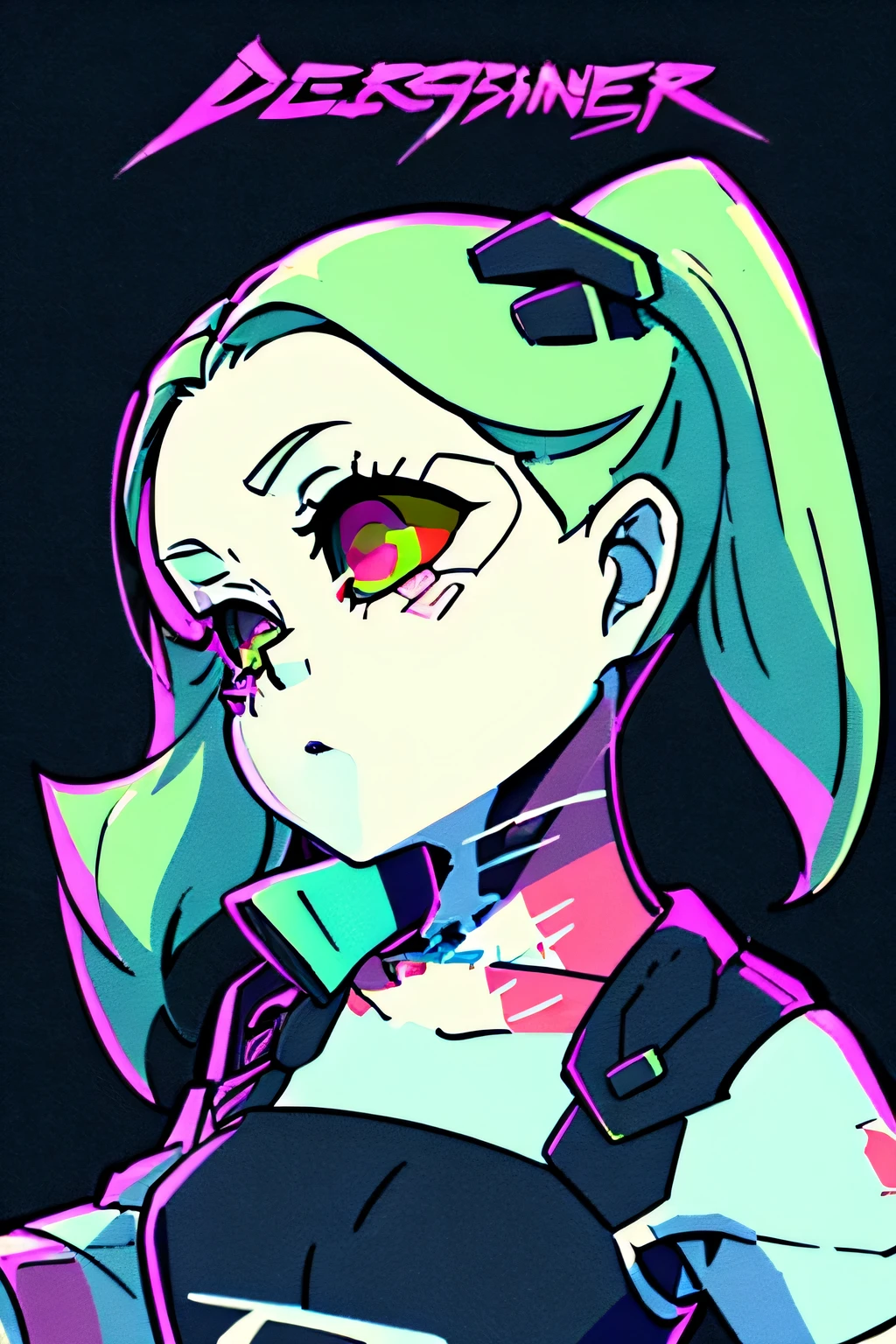 /imagine prompt: Rebecca (Cyberpunk: Edgerunners). green hair. pigtails. little chest ,stamped T-shirt, illustration for a sticker with a black background, em estilo de contorno em negrito, bordas irregulares, trashcore, sombreamento claro --v 5.2