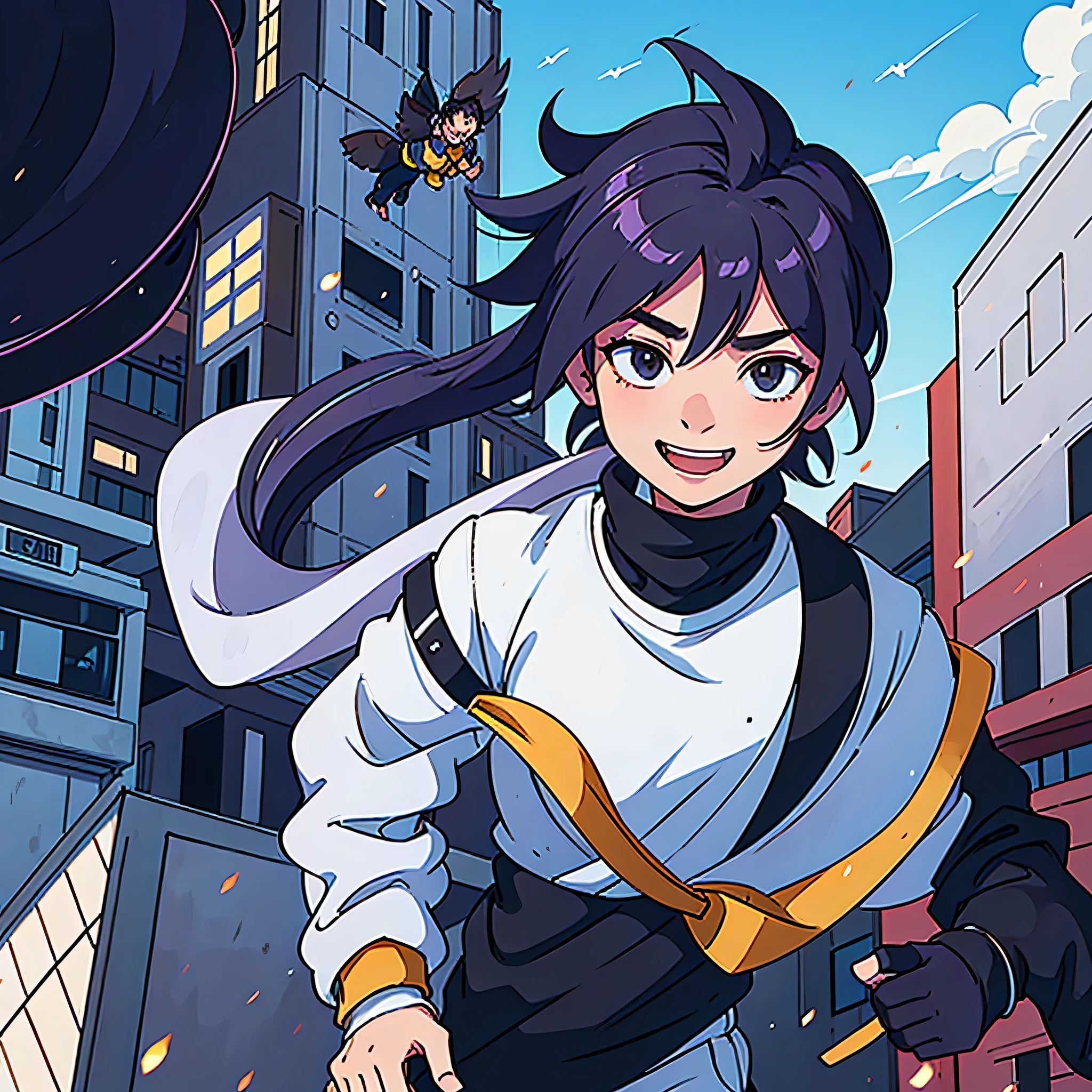 A cool male anime flying in the air laughing slightly with his glove flying off his hand and a building behind him