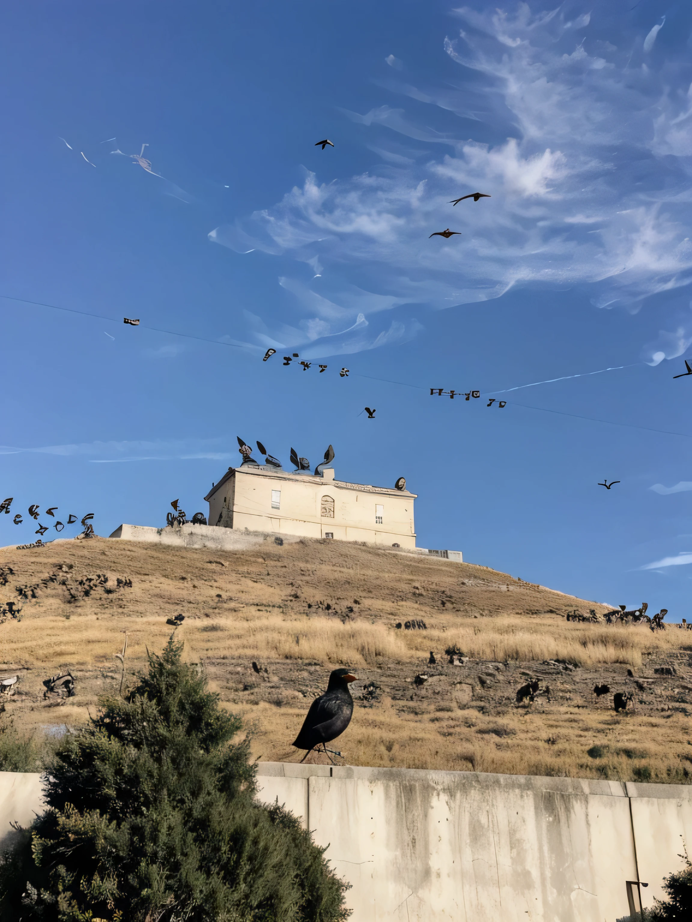  sky is covered with crows Like Hitchcock's Birds movie, the sky is full of attacking crows, and there are so many of them that no light shines from the sky to the ground.