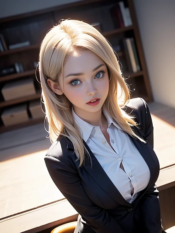 (best quality, 8k, highres, photorealistic:2.0), (solo, one girl:2.0),(lighting: front),(lighting: strong),(ultimate beautiful girl:2.0),(shiny skin),(oily skin),(platinum blonde hair:1.5),(straight hair:2.0),(kind woman:1.5),Blush brown makeup , dark eye makeup , use pink glossy lipstick,(big eyes girl:1.5),(thin woman:1.5),(Photographed in the sophisticated office of an information technology company:1.8),(elite business woman:1.8),(Career woman who can work very well),(I'm so absorbed in work that I don't have a boyfriend),(woman not interested in love),(I'm not interested in fashion),(I wear accessories that do not interfere with my work.),(she has no love experience at all),(she feels alone),(She is not good at talking to men),(she is shy and silent),(I don't want to stand out and I'm concerned about people's attention),(She has a dark personality and negative thoughts.:1.5),(she suffers from depression),(She has many complexes and has no one to rely on.),(intelligent woman:1.5),(A woman who takes her work seriously),(I'm a little unwell),(I like coffee and drink it all the time),(mentally unstable),(I have a hard time with insomnia.),(unpopular woman),(unconfident:1.5),(want pure love),(plain and introverted woman:1.3),(She has a hobby that she cannot tell anyone about, and that is masturbation:1.5),(she is pure:1.5),(Prefer clothes suitable for office work),(A woman whose life is difficult),(A woman exhausted from long working hours),(woman's sex appeal),(A sweet smelling perfume from her),(She ends up masturbating in the office while working overtime late at night)