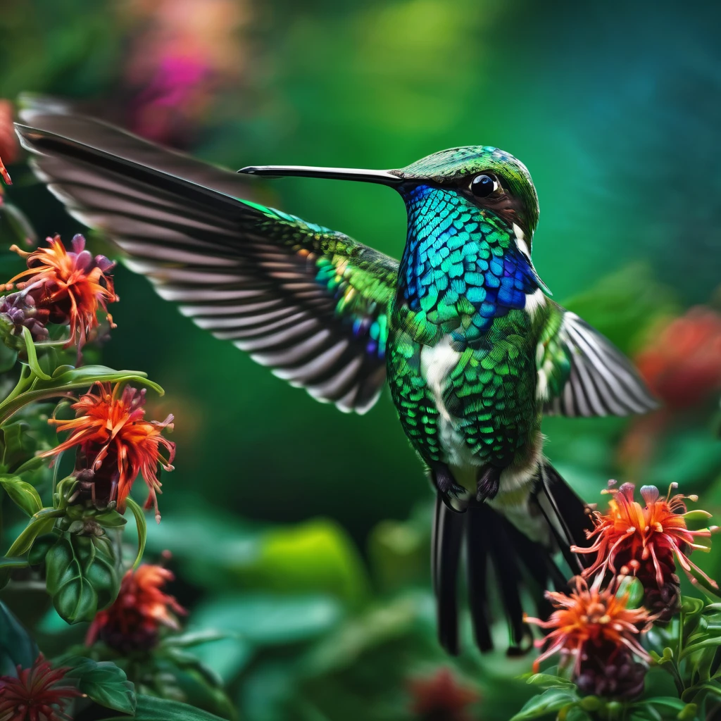 Hummingbird, aesthetic, extremely detailed, a blue and green hummingbird in a garden. hyper-realistic. maximalist, intricate details, HDR, beautifully shot, hyperrealistic, sharp focus, megapixels, perfect composition, high contrast, cinematic, atmospheric, moody