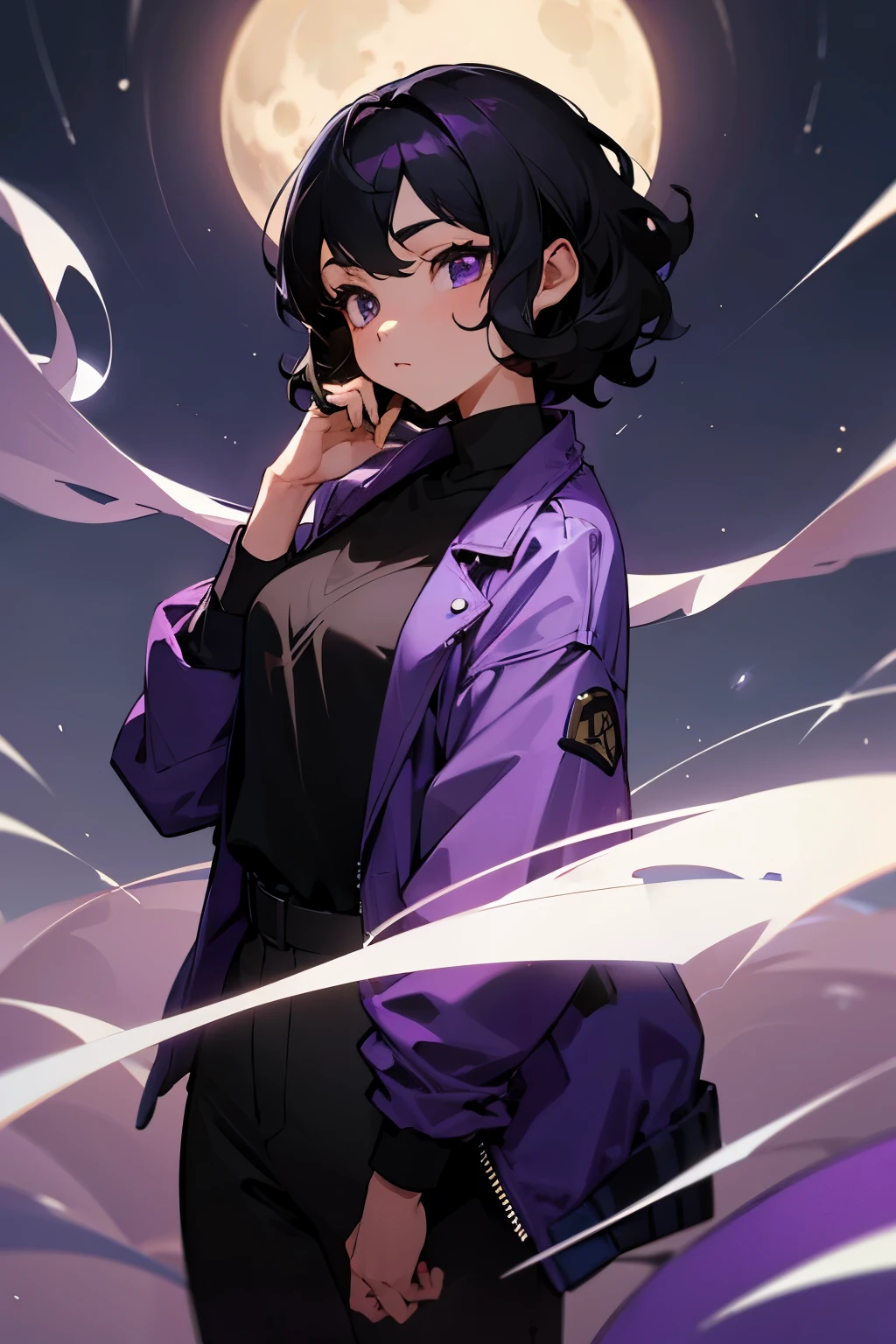 avatar,short wavy hair, black shirt,purple jacket, young female, hazel eyes, moonlight, black hair