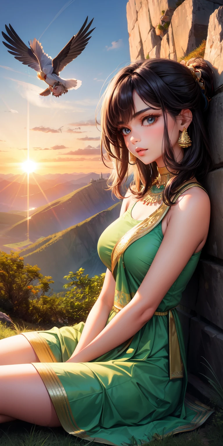 A beautiful fit Indian woman, wearing a green dress, sitting on a mountain, watching the sunset, birds in the sky