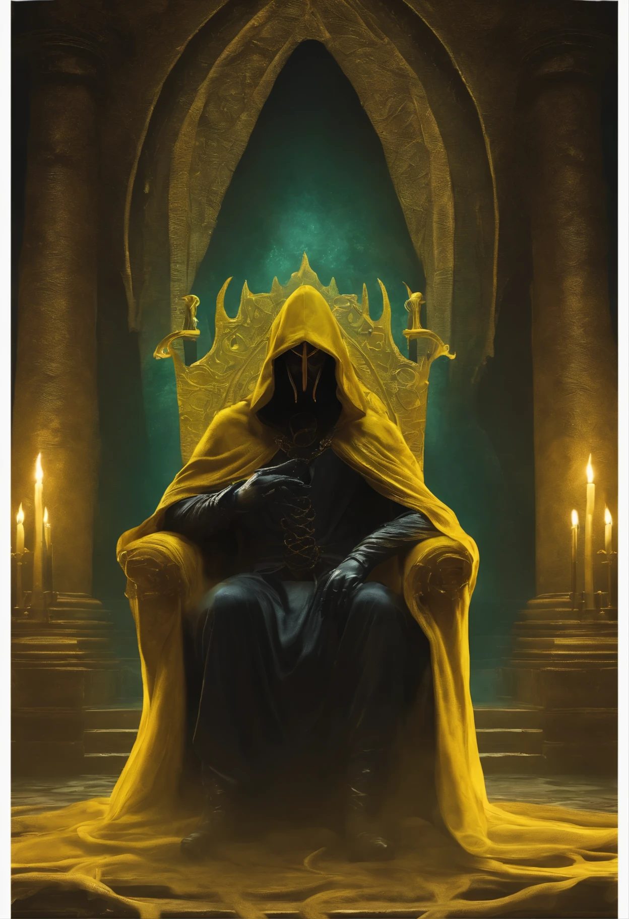 The king in yellow from Lovecraft tale. He is sat at his throne. He is wearing a hood wich projects shadows over his face. Hs tentacles are crawling out through the bottom of his mantle.