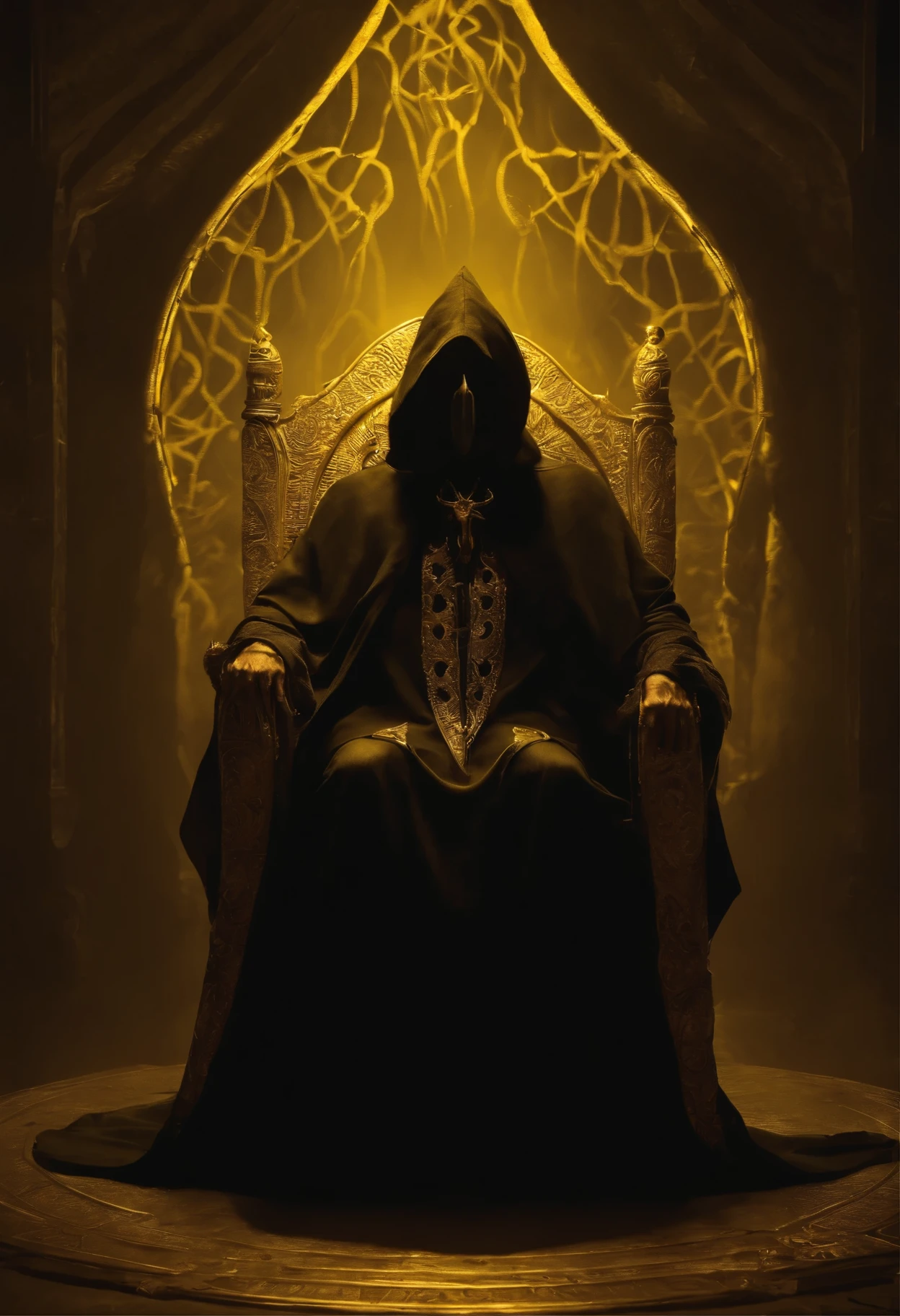 The king in yellow from Lovecraft tale. He is sat at his throne. He is wearing a hood wich projects shadows over his face. Hs tentacles are crawling out through the bottom of his mantle. 