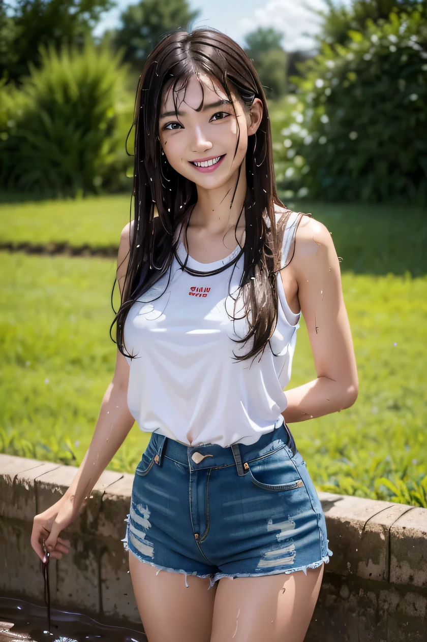 (masterpiece, best quality:1.2), cowboy shot, Japanese high-school student, big smile, looking at viewer, Show the armpits, (denim shorts:1.2), wet muddy field, dripping with mud, muddy arms, muddy hair, covered all over, muddy face, muddy hair, wet clothes, soaked, dripping wet, wet hair, wet skin, translucent, glistening with oil, fully clothed, (from bellow:1.3), (looking down, watching at Viewer),