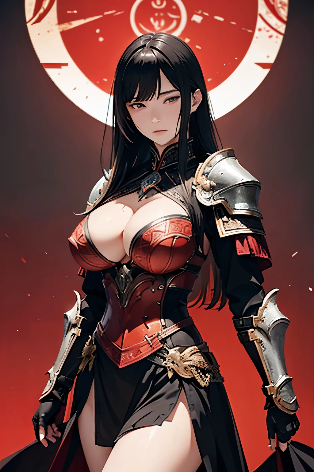 for honor,warden,adult women, elegant,elegant,(eyelashes), Curvaceouasterpiece, のficial art),(mature woman),alone,elegant face, black hair, red eyes,long hair,(huge breasts, mature woman, sensual),looking at the viewer,looking down,(whole body),fascinating, Attractive clothing,tall,西洋のarmor,(full plate armor),armor,simple red background,well-dressed clothes,tits,huge ass,(shiny), whole bodyに光沢,The color that glows red in hell,High resolution, Highly detailed 8K,highest quality,cg,information,