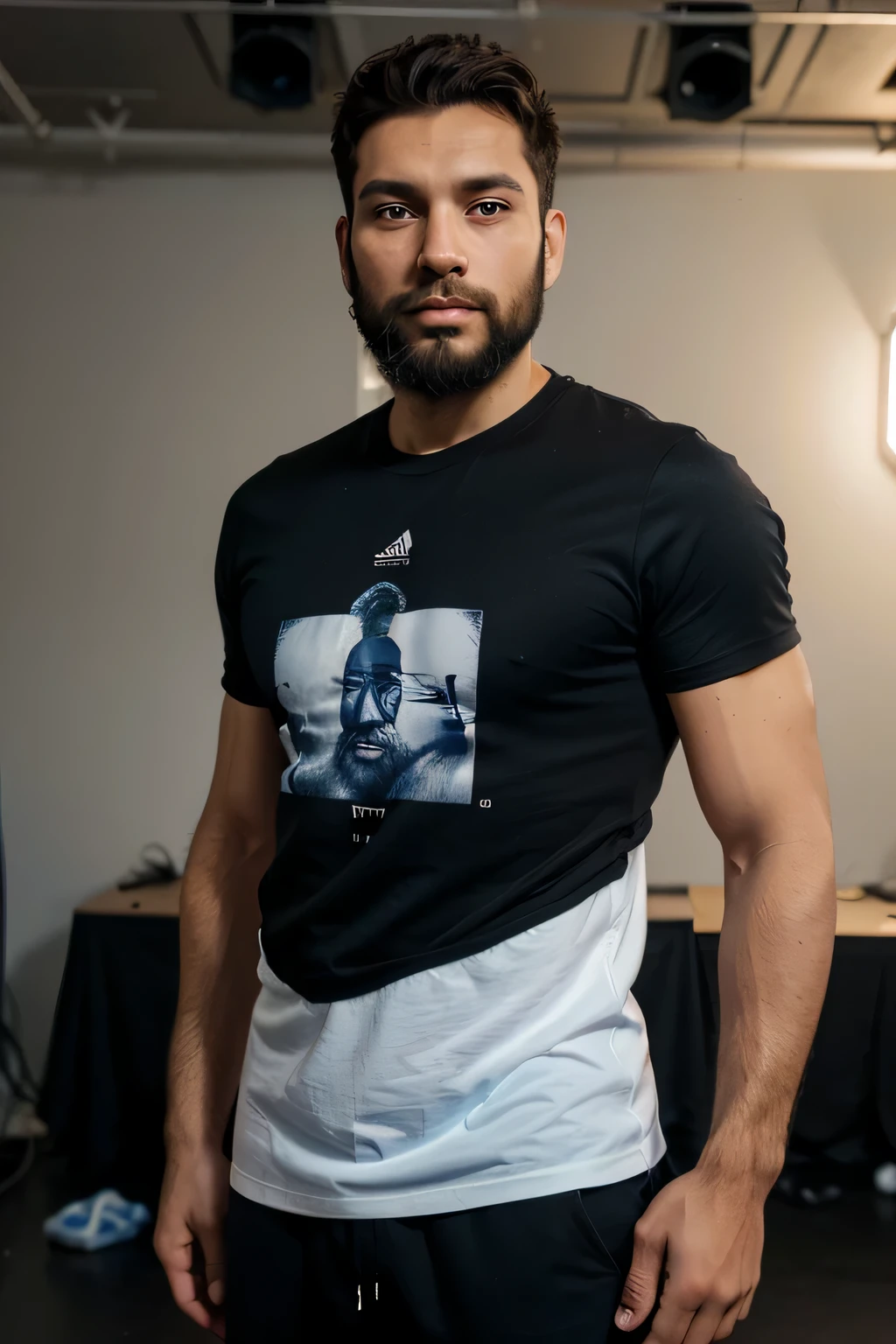 arafed man with a beard and a black shirt looking at the camera, very attractive man with beard, short beard, short brown beard, light stubble beard, short facial hair, thin beard, handsome attractive face, stubble beard, small beard, beard stubble , short scruffy beard, attractive male, attractive man, short dark blond beard, man with beard. Outfit She is wearing a blue t-shirt, black pants and brown sneakers. He is in the AIfluence photo studio where the background is white and there is equipment scattered around, camera lights.