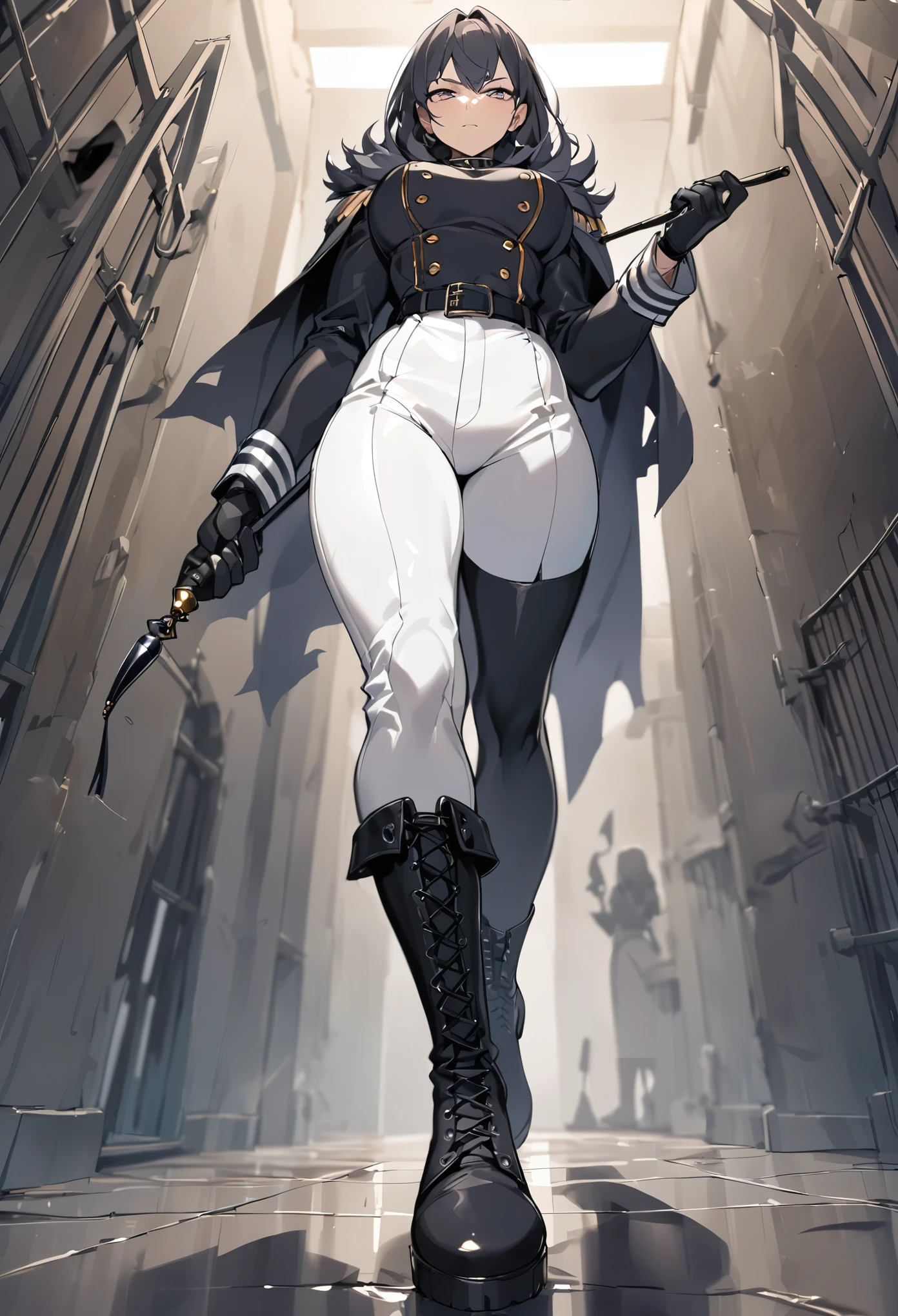 Mature female, ((solo)),(1girl),standing, full body, authority, leather outfit, dominant, (muscular:0.5), long sleeves, black gloves, double-breasted, (black knee-high combat boots:1.4), (white pants:1.2), slim, devious, seductive, evil, confident,belt, cape, standing, dungeon, bedroom, military uniform, looking at viewer, from below,clean floor,modern prison,guard,warden,queen,commander, (smirk:0.33),(holding riding crop:1.3),