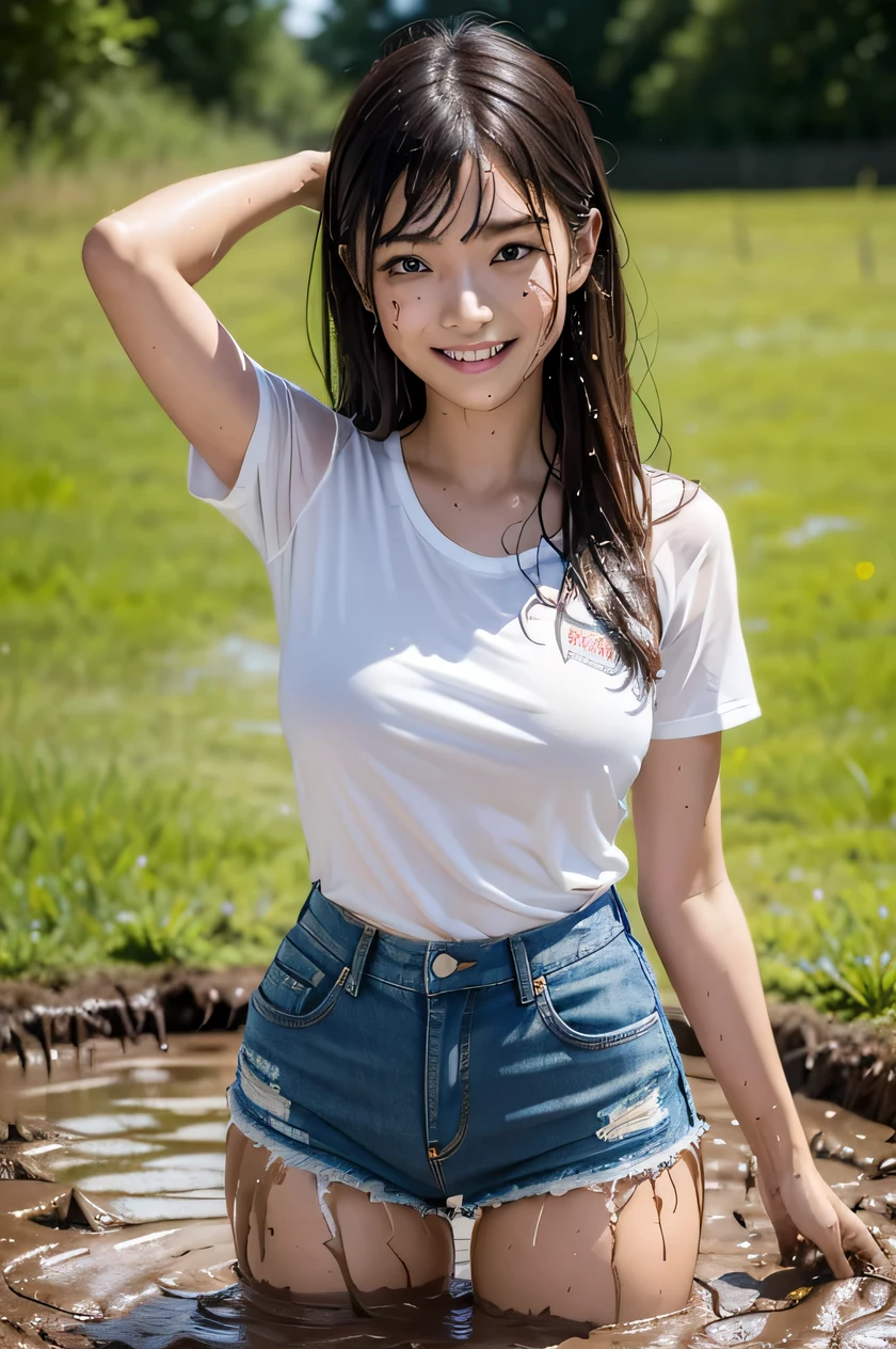 (masterpiece, best quality:1.2), cowboy shot, Japanese high-school student, big smile, looking at viewer, Show the armpits, (denim shorts:1.2), wet muddy field, dripping with mud, muddy arms, muddy hair, covered all over, muddy face, muddy hair, wet clothes, soaked, dripping wet, wet hair, wet skin, translucent, glistening with oil, fully clothed, (from bellow:1.3), (looking down, watching at Viewer),
