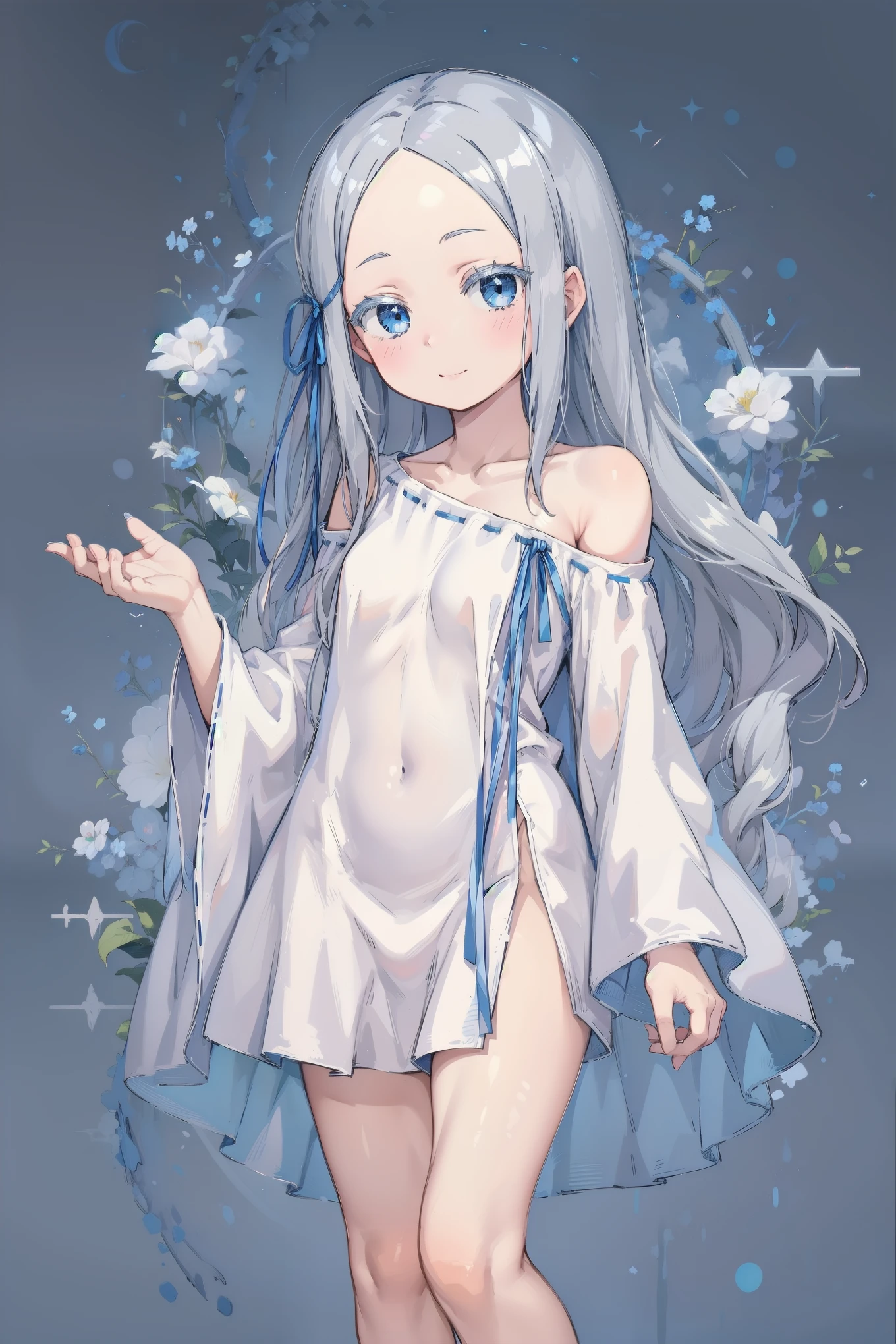 (masterpiece, best quality, ultra high quality, by quan, sketch:1.1), ((portrait)), pandora, 1girl, solo, pandora, blue eyes, long hair, grey hair, white hair, forehead, blush, bangs, small breasts, parted bangs, barefoot, neutral, innexpressive, small smile, thighs, ((pddf)), dress, full loose dress, dress ribbon, hair ribbon, white dress, long dress, blue ribbon, bare shoulders, (niji), upper body, standing, isometric lightning, gray background, simple background 