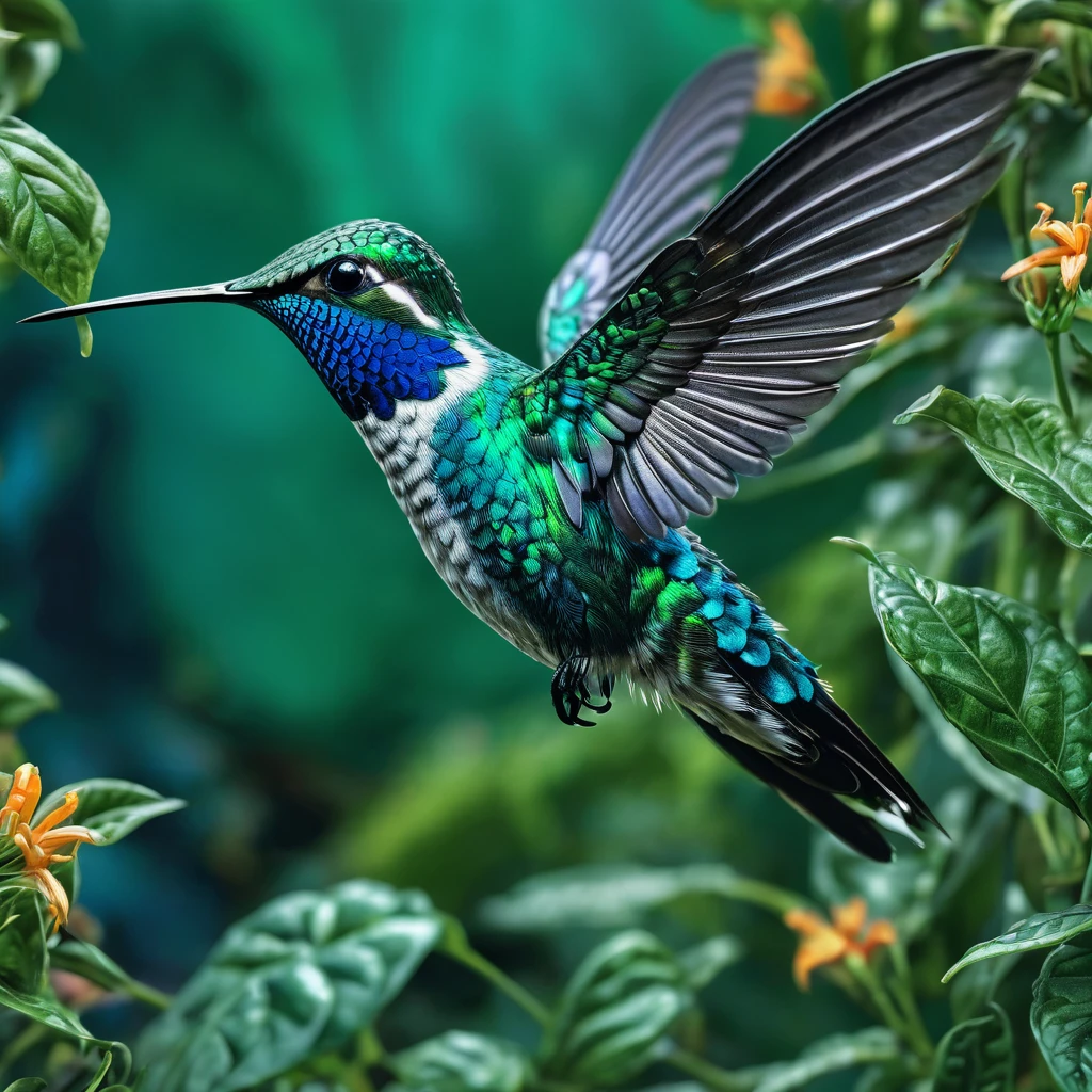 Hummingbird, aesthetic, extremely detailed, a blue and green hummingbird in a garden. hyper-realistic. maximalist, intricate details, HDR, beautifully shot, hyperrealistic, sharp focus,  megapixels, perfect composition, high contrast, cinematic, atmospheric, moody