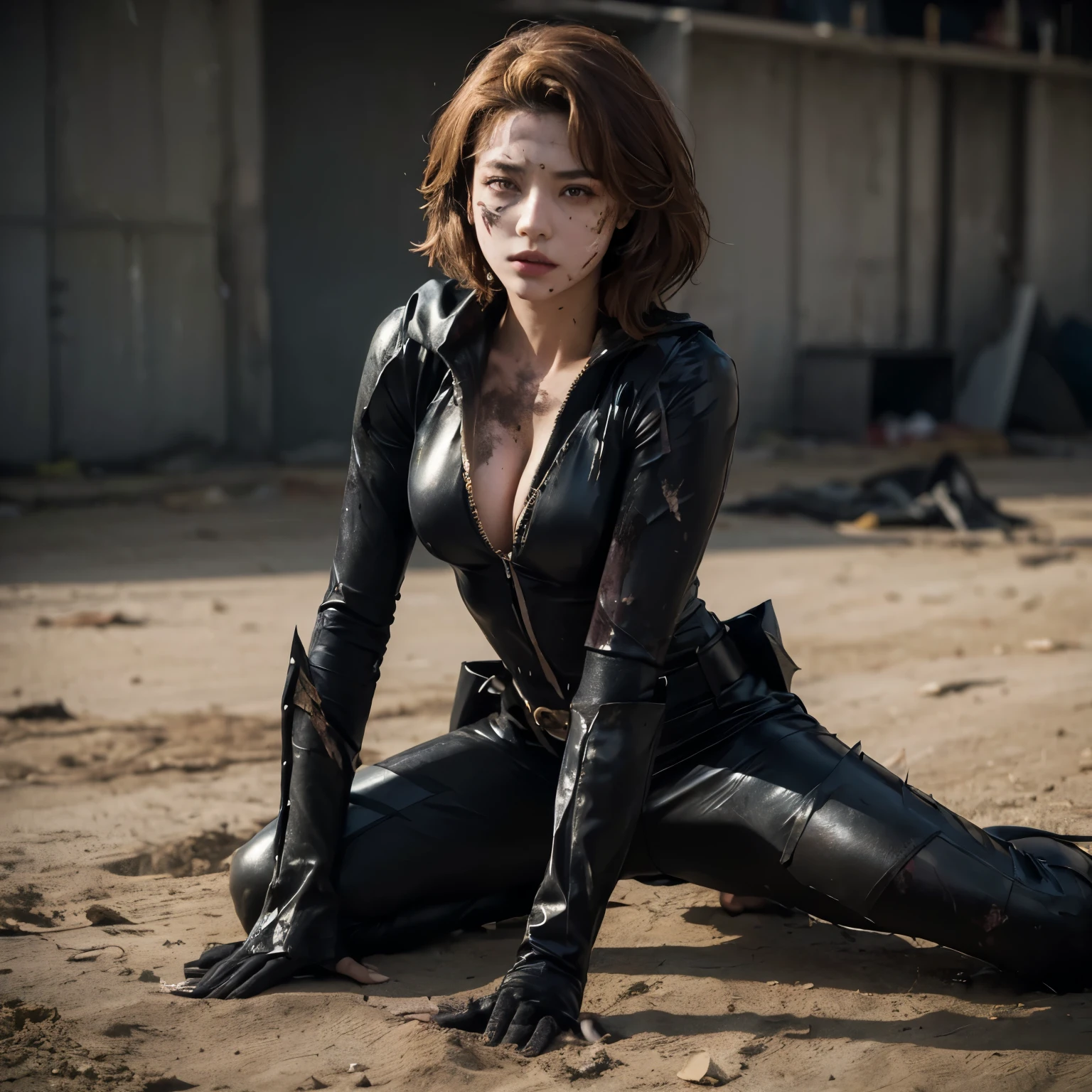 (((very sharp photo result & detailed face)) ((pretty face but have bruising)) (ripped costume) Show her breast