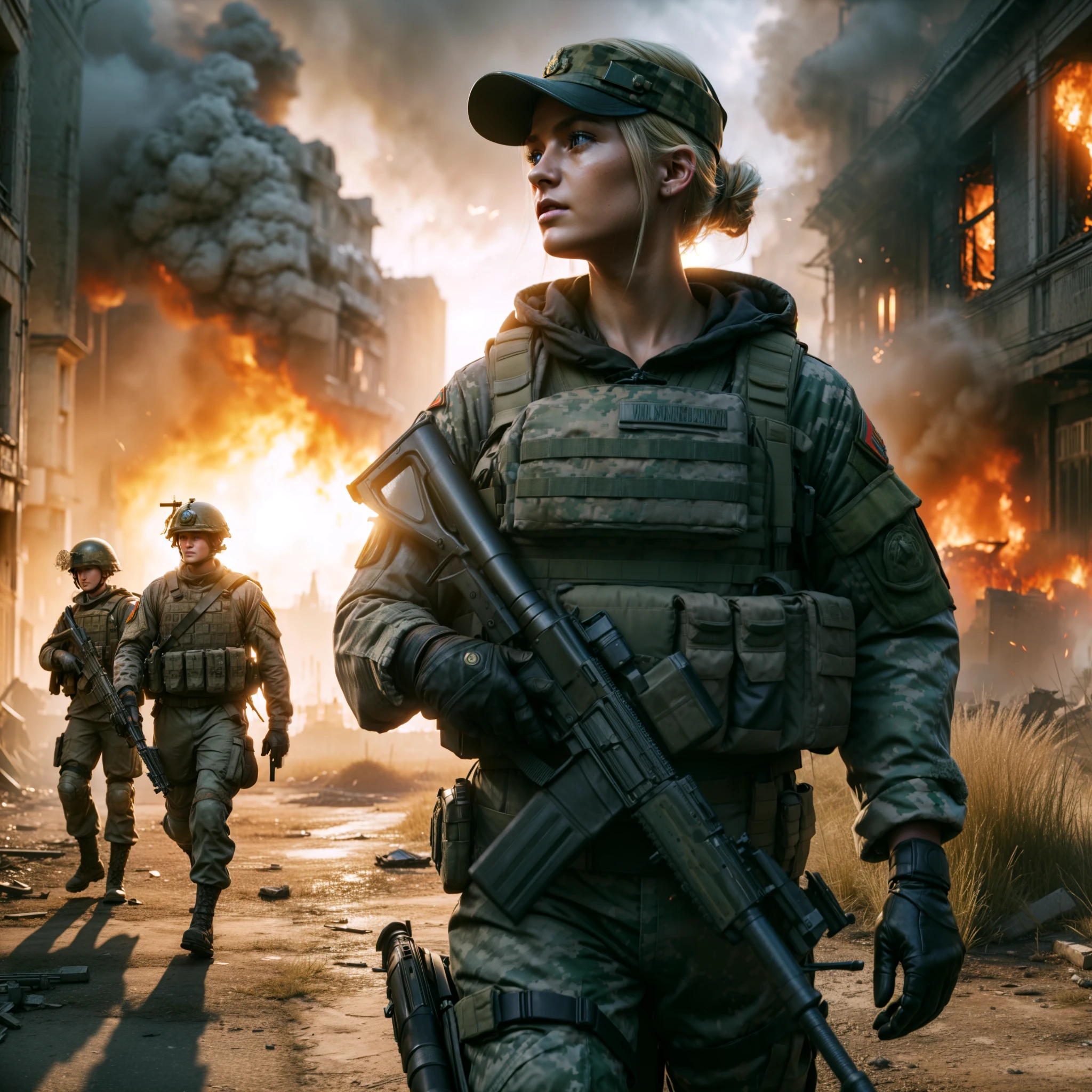 (Masterpiece), a beautiful female European blonde 22 years old soldier, soldiers in uniform walking through a city with burning buildings, battlefield backround, realistic soldiers, infantry girl, battlefield background, battlefield 4, realistic apocalyptic war scene, battlefield scene, battlefield 5, soldier under heavy fire, escape from tarkov, background battlefield, fps game, fps shooter game, beautiful female soldier, 2020 video game screenshot, fps game concept art, 16K, ultra high res.photorealistic, UHD, RAW