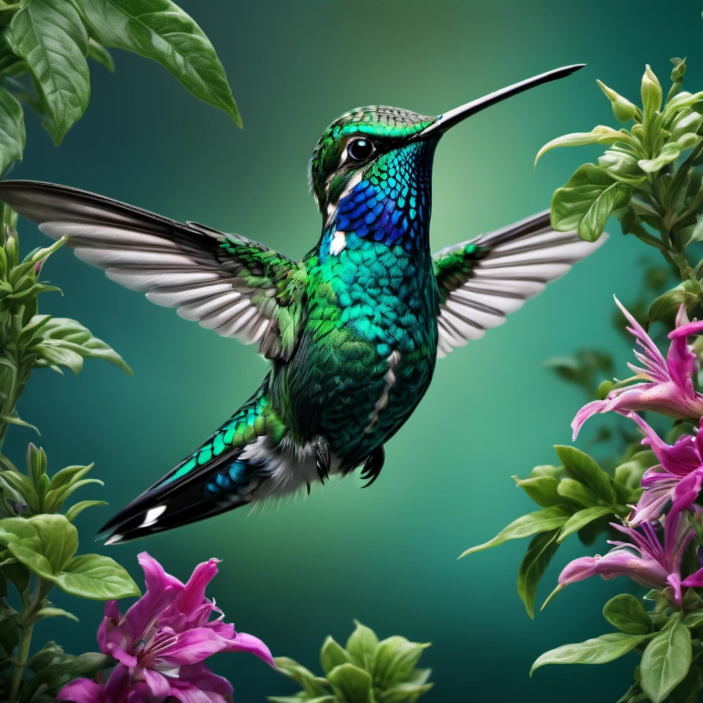 Hummingbird, aesthetic, extremely detailed, a blue and green hummingbird in a garden. hyper-realistic. maximalist, intricate details, HDR, beautifully shot, hyperrealistic, sharp focus, megapixels, perfect composition, high contrast, cinematic, atmospheric, moody