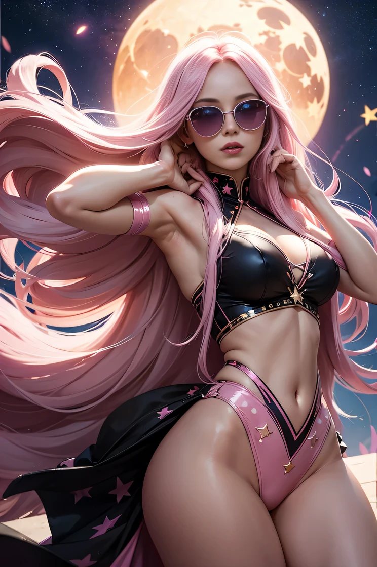 woman with very very long creamy pink hair , wearing pink outfit , with moons and stars pattern , black sun glasses , dancing