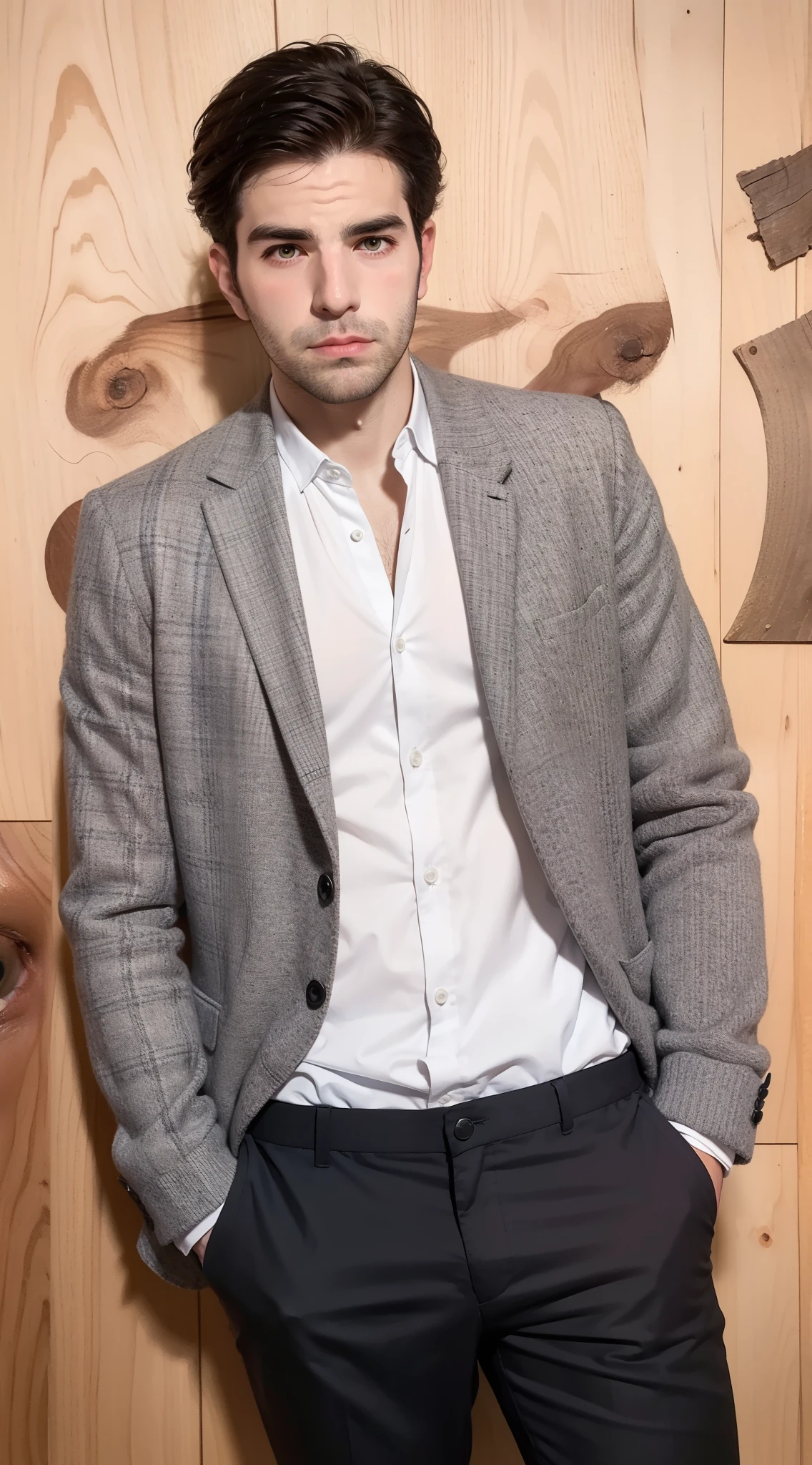 Hombre arafed con traje parado frente a una pared de madera, Fondo : Diego Fazio, raphael lecoste, zachary quinto, con barba y chaqueta negra, Diego Fazio, Charlie Cox, taken in the early 2020s, taken in the late 2010s, estilo de Paolo Parent, miguel iglesias