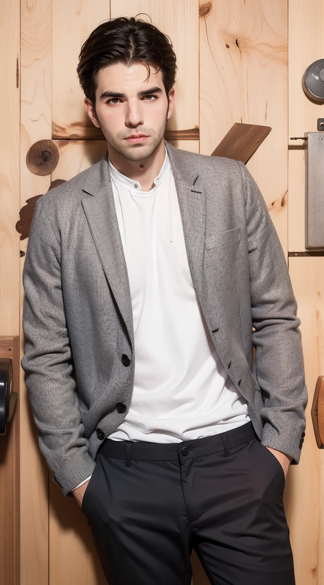 Hombre arafed con traje parado frente a una pared de madera, Fondo : Diego Fazio, raphael lecoste, zachary quinto, con barba y chaqueta negra, Diego Fazio, Charlie Cox, taken in the early 2020s, taken in the late 2010s, estilo de Paolo Parent, miguel iglesias