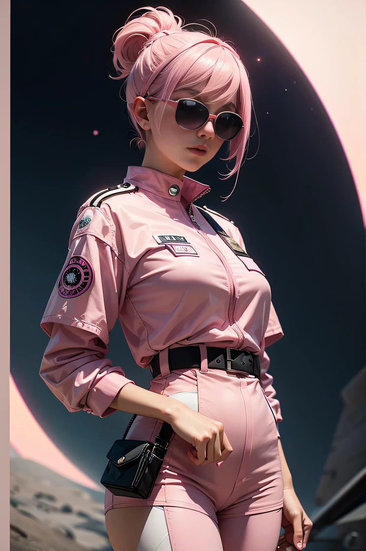 woman with short pink and white blend it hair , wearing pink and white cop outfit , with moons and stars pattern , black sun glasses