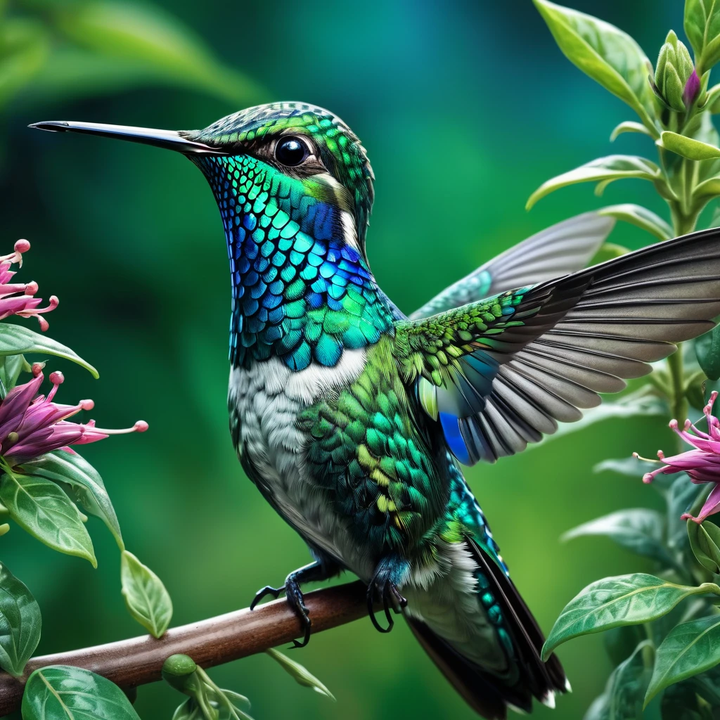 Hummingbird, aesthetic, extremely detailed, a blue and green hummingbird in a garden. hyper-realistic. maximalist, intricate details, HDR, beautifully shot, hyperrealistic, sharp focus,  megapixels, perfect composition, high contrast, cinematic, atmospheric, moody