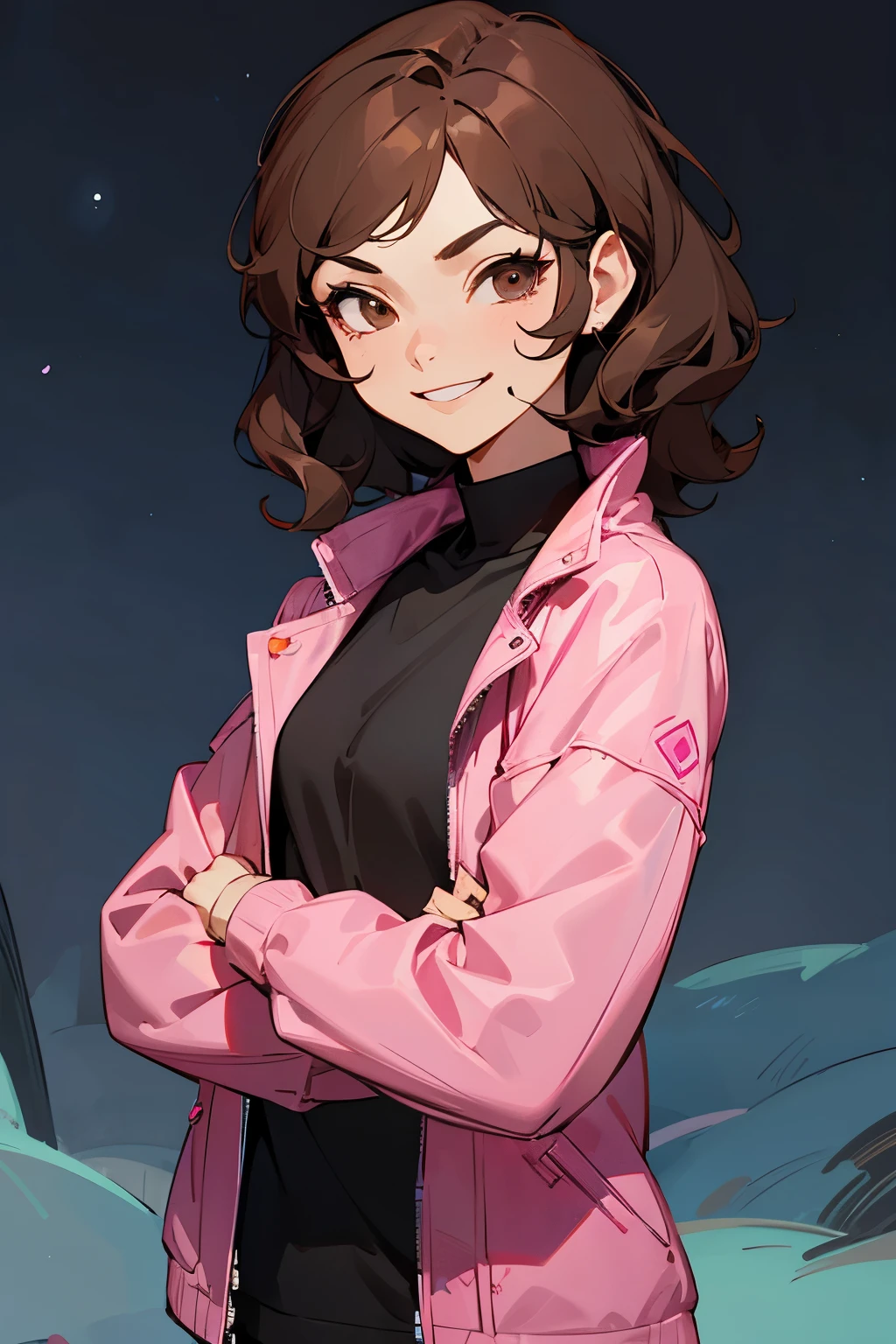 avatar,short wavy hair, black shirt,pink jacket, young female, brown eyes, night time, brown hair,muscular, smirk