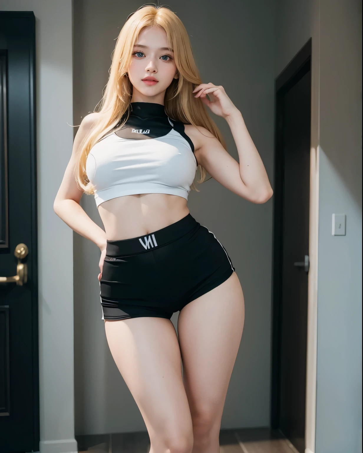 1girl, (Blue eyes), (Smile), (Sana Minatozaki), wide hips, Big ,big breasts, big ass, round butt, (Best Quality, 8k, Masterpiece: 1.3), perfect hands, Clear Focus: 1.2, Perfect Body Beauty: 1.4 , Slender Abs: 1.2, Highly detailed face and skin texture, detailed eyes, double eyelids, (blonde long hair), (Tight sports top), (small black shorts :1.3), standing, dynamic pose, in a luxurious house