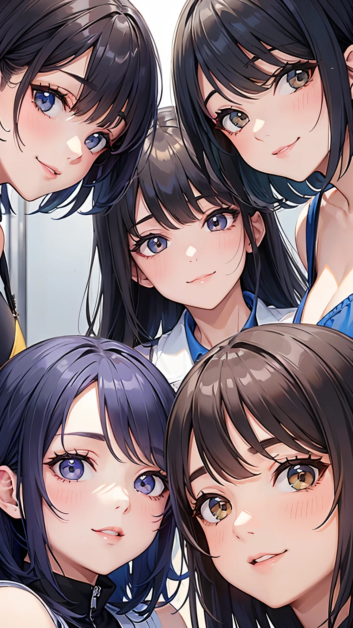 three sexy women looking at camera, flirtatious smiles, kindergarten teachers outfits, faces close up, view from below