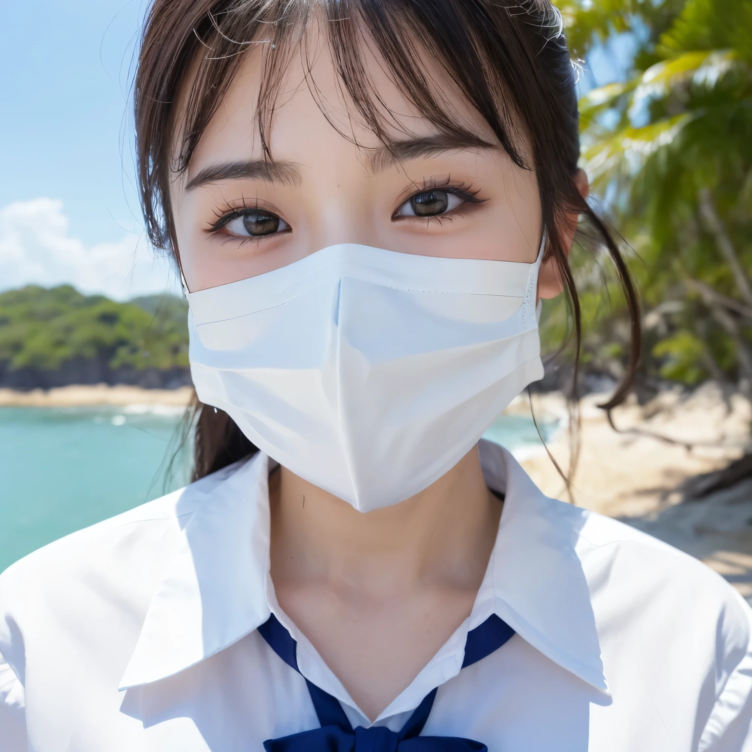 ((highest quality、table top、8k、best image quality、Award-winning work、ultra high resolution))、(A big smile showing beautiful white teeth:1.1)、(beautiful beach:1.1)、(Perfect white polyester collared short sleeve shirt:1.1)、(Perfect high school uniform white shirt made of polyester:1.1)、(Perfect high school uniform ribbon on the chest:1.1)、The most natural and perfect sea background、最も澄んだbeautiful sea、(front closeup:1.3)、black brown hair、hair swaying in the wind、sandy beach、beautiful sea、(鮮やかで澄んだbeautiful sea:1.1)、The most transparent sparkling sea、Complex sea glow、The most detailed and realistic sea、beautiful seaの詳細が描かれています、(very bright and shiny skin:1.1)、(ultra high resolutionの完璧な美しい歯:1.1)、ultra high resolutionヘア、ultra high resolutionのキラキラ瞳、(ultra high resolutionで輝く純白の肌:1.1)、ultra high resolutionの艶やかな唇、(A face that shines so brightly:1.1)、(very bright and vivid:1.1)、(very refreshing:1.1)、(Brilliant white and beautiful skin:1.1)、(very bright white shirt:1.1)、(very bright and shiny skin:1.1)、blurred background、(Face covered with a large amount of semen:1.5)、(Close up of cum covered face:1.5)、(完璧にバランスが取れたultra high resolutionの美しい顔:1.1)