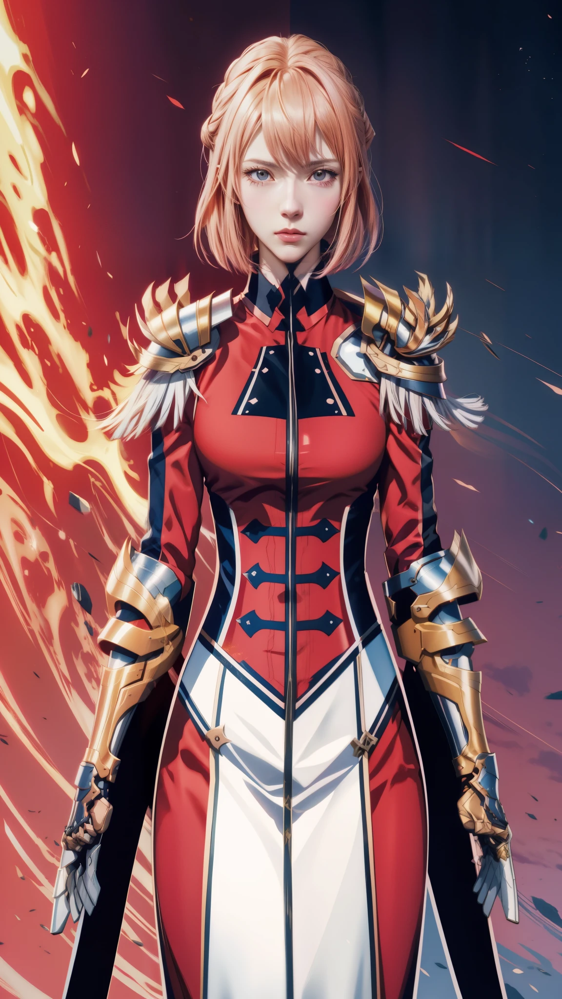 anime character with a sword and a red outfit, lady in red armor, red armor, inspired by Li Chevalier, female protagonist, female protagonist 👀 :8, portrait of a female anime hero, armor girl, mechanized valkyrie girl, cushart krenz key art feminine, edelgard fire emblem, ayaka genshin impact, anime style like fate/stay night