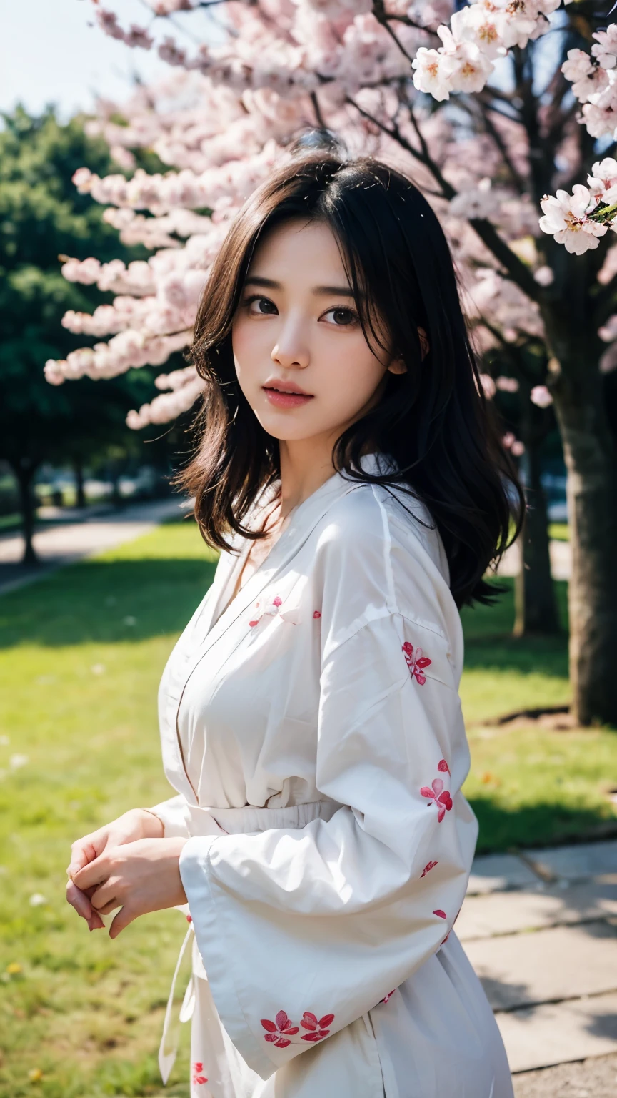 (logo、masterpiece、8k、table top、RAW photo、wonderful、最high quality、Photorealistic and hvery detailed CG integrated 8k wallpaper、high quality、very detailed、Narrative poem、particle effects、dynamic effects、written boundary depth、cinematic light、Lens flare、ray tracing)、fantasy、 (1 beautiful woman、white kimono、Japan Dress、white cherry blossom pattern、White cherry blossom embroidery pattern、black haired、beautiful face、real face、beautiful details eyes beautiful skin)、Hair flutters in Wind、hair bounces、pink cherry tree、petals dance、SakuraFubuki、wonderful景色、sunrise、sun on background、Wind、god々、teeth、god話、vast land、