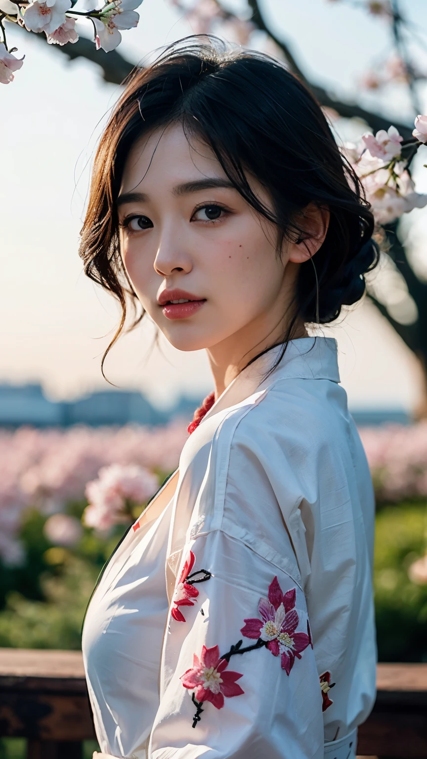 (logo、masterpiece、8k、table top、RAW photo、wonderful、最high quality、Photorealistic and hvery detailed CG integrated 8k wallpaper、high quality、very detailed、Narrative poem、particle effects、dynamic effects、written boundary depth、cinematic light、Lens flare、ray tracing)、fantasy、 (1 beautiful woman、white kimono、Japan Dress、white cherry blossom pattern、White cherry blossom embroidery pattern、black haired、beautiful face、real face、beautiful details eyes beautiful skin)、Hair flutters in Wind、hair bounces、pink cherry tree、petals dance、SakuraFubuki、wonderful景色、sunrise、sun on background、Wind、god々、teeth、god話、vast land、