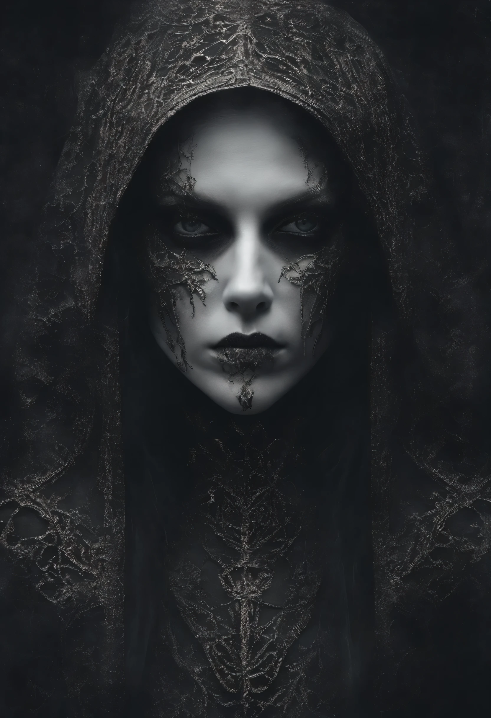 (Une belle fille qui a été profondément blessée:1.4)、Profonde tristesse、obsession、La haine qui ne peut pas être aimée、larmes noires、Des gros mots que vous ne pouvez pas cracher、Dégoût de soi intense、portant une cagoule noire、plein corps Esbienne、masutepiece、detailed representation、Profondeur de sujet profonde、