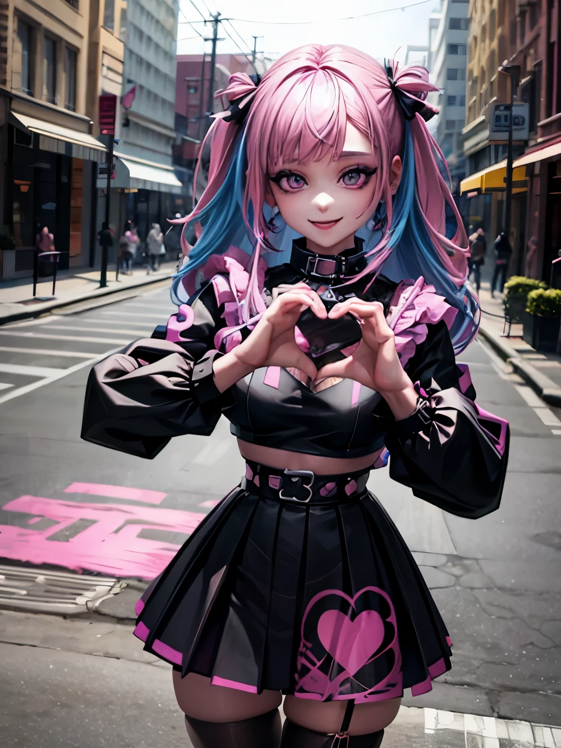 1girl, excited,  heart hands, own hands together, smoky eyes, vivid colors, punk clothing, punk hairstyle, pink hair, black lips, abandoned street, body view, large breasts, smile, long hair