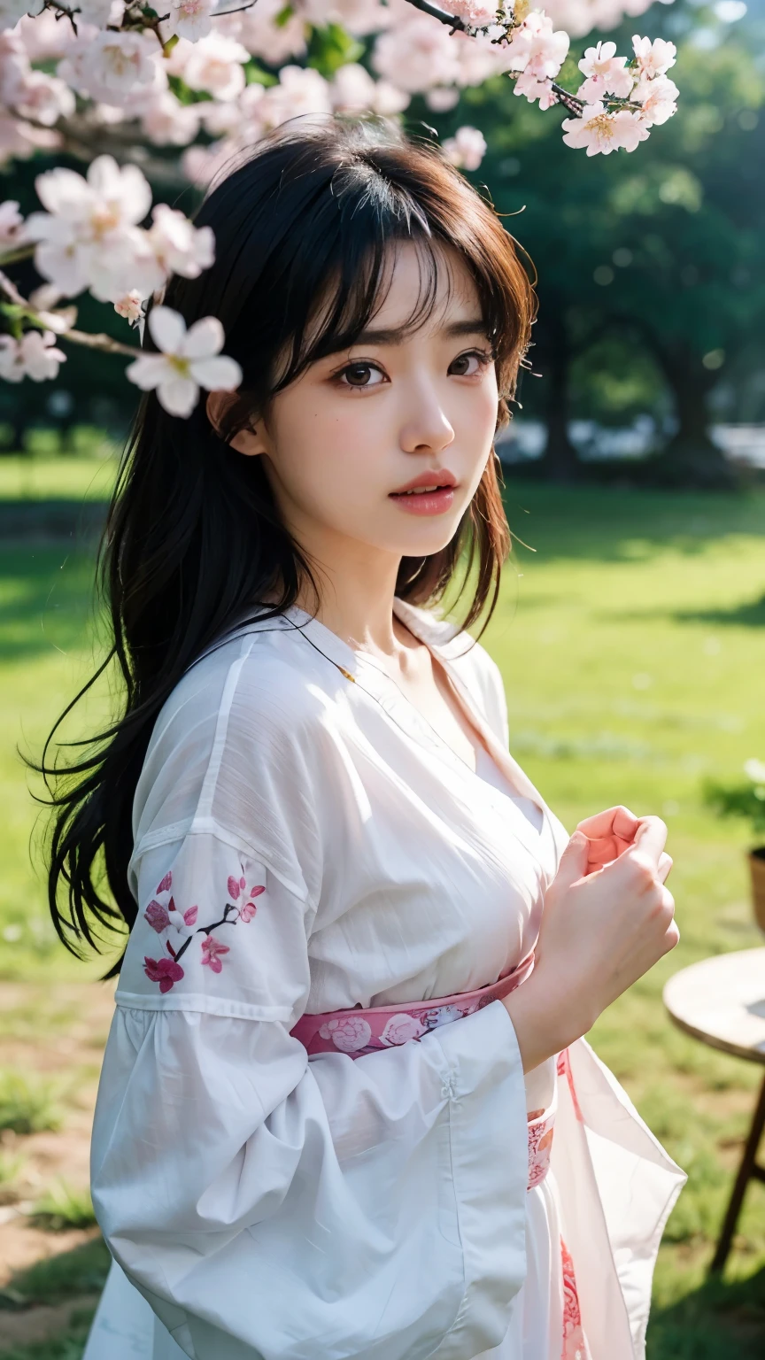 (logo、masterpiece、8k、table top、RAW photo、wonderful、最high quality、Photorealistic and hvery detailed CG integrated 8k wallpaper、high quality、very detailed、Narrative poem、particle effects、dynamic effects、written boundary depth、cinematic light、Lens flare、ray tracing)、fantasy、 (1 beautiful woman、white kimono、Japan Dress、white cherry blossom pattern、White cherry blossom embroidery pattern、black haired、beautiful face、real face、beautiful details eyes beautiful skin)、Hair flutters in Wind、hair bounces、pink cherry tree、petals dance、SakuraFubuki、wonderful景色、sunrise、sun on background、Wind、god々、teeth、god話、vast land、