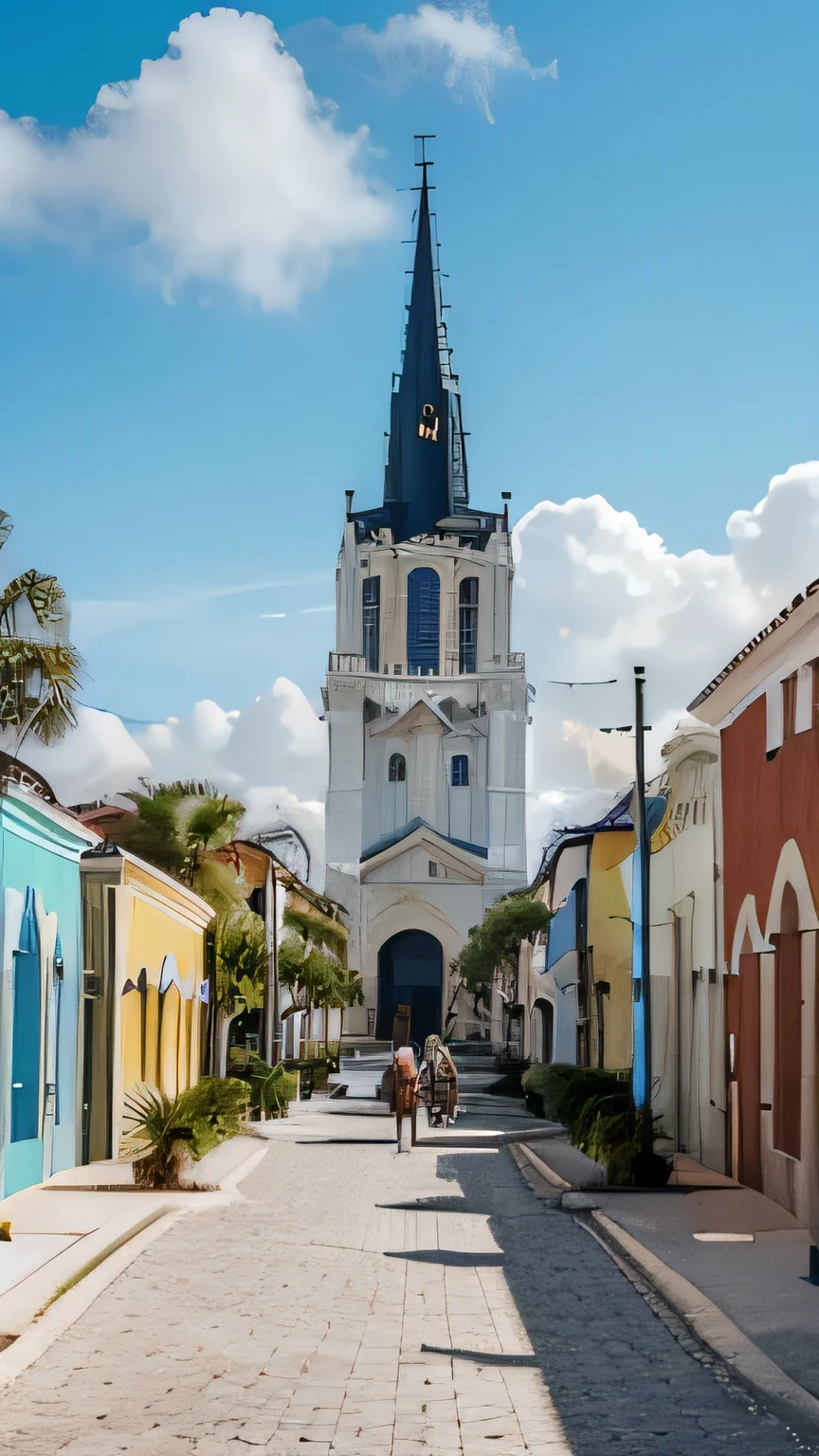 (((masterpiece))), a small town in Florida, minimalistic style, bright and deep colors, detailed, bright birds, clouds in the sky, people walking around, cathedral, captures the essence of life in Florida