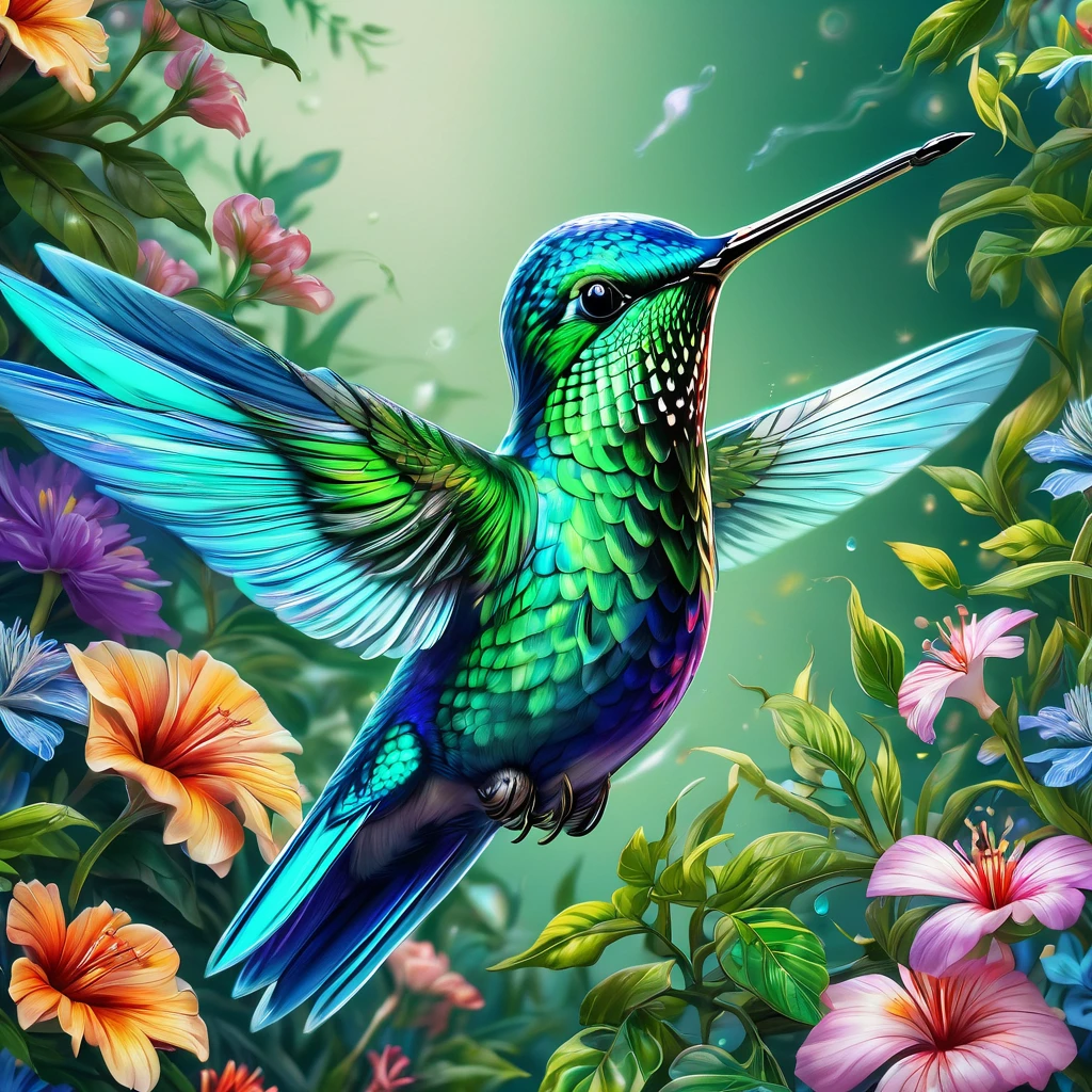 Hummingbird, aesthetic, extremely detailed, a blue and green hummingbird in a garden. hyper-realistic. maximalist, intricate details, HDR, beautifully shot, hyperrealistic, sharp focus,  megapixels, perfect composition, high contrast, cinematic, atmospheric, moody