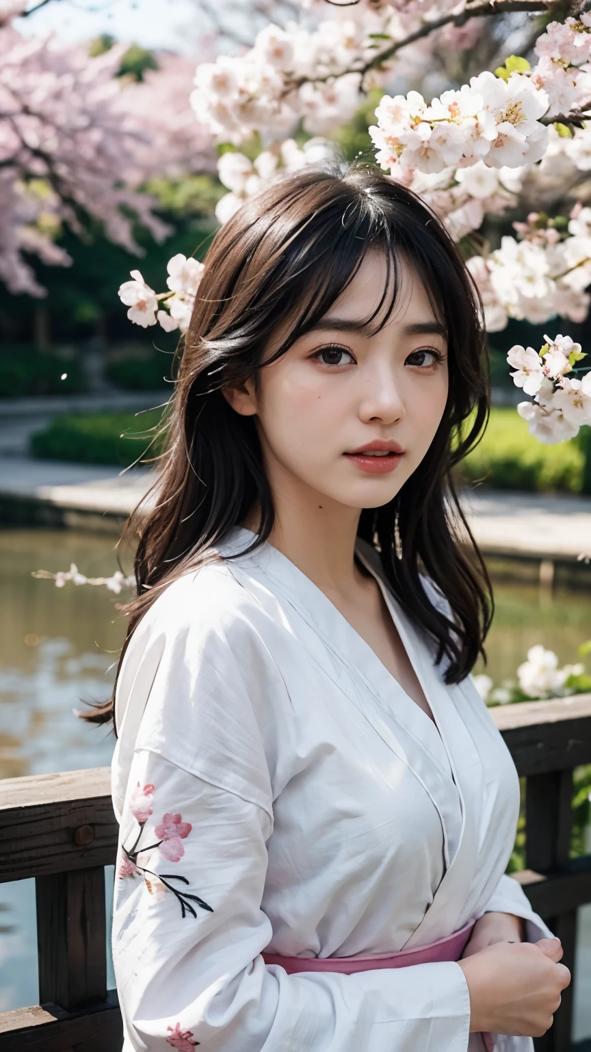 (logo、masterpiece、8k、table top、RAW photo、wonderful、最high quality、Photorealistic and hvery detailed CG integrated 8k wallpaper、high quality、very detailed、Narrative poem、particle effects、dynamic effects、written boundary depth、cinematic light、Lens flare、ray tracing)、fantasy、 (1 beautiful woman、white kimono、Japan Dress、white cherry blossom pattern、White cherry blossom embroidery pattern、black haired、beautiful face、real face、beautiful details eyes beautiful skin)、Hair flutters in Wind、hair bounces、pink cherry tree、petals dance、SakuraFubuki、wonderful景色、sunrise、sun on background、Wind、god々、teeth、god話、vast land、