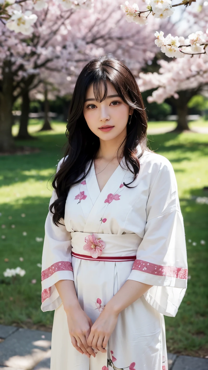(logo、masterpiece、8k、table top、RAW photo、wonderful、最high quality、Photorealistic and hvery detailed CG integrated 8k wallpaper、high quality、very detailed、Narrative poem、particle effects、dynamic effects、written boundary depth、cinematic light、Lens flare、ray tracing)、fantasy、 (1 beautiful woman、white kimono、Japan Dress、white cherry blossom pattern、White cherry blossom embroidery pattern、black haired、beautiful face、real face、beautiful details eyes beautiful skin)、Hair flutters in Wind、hair bounces、pink cherry tree、petals dance、SakuraFubuki、wonderful景色、sunrise、sun on background、Wind、god々、teeth、god話、vast land、