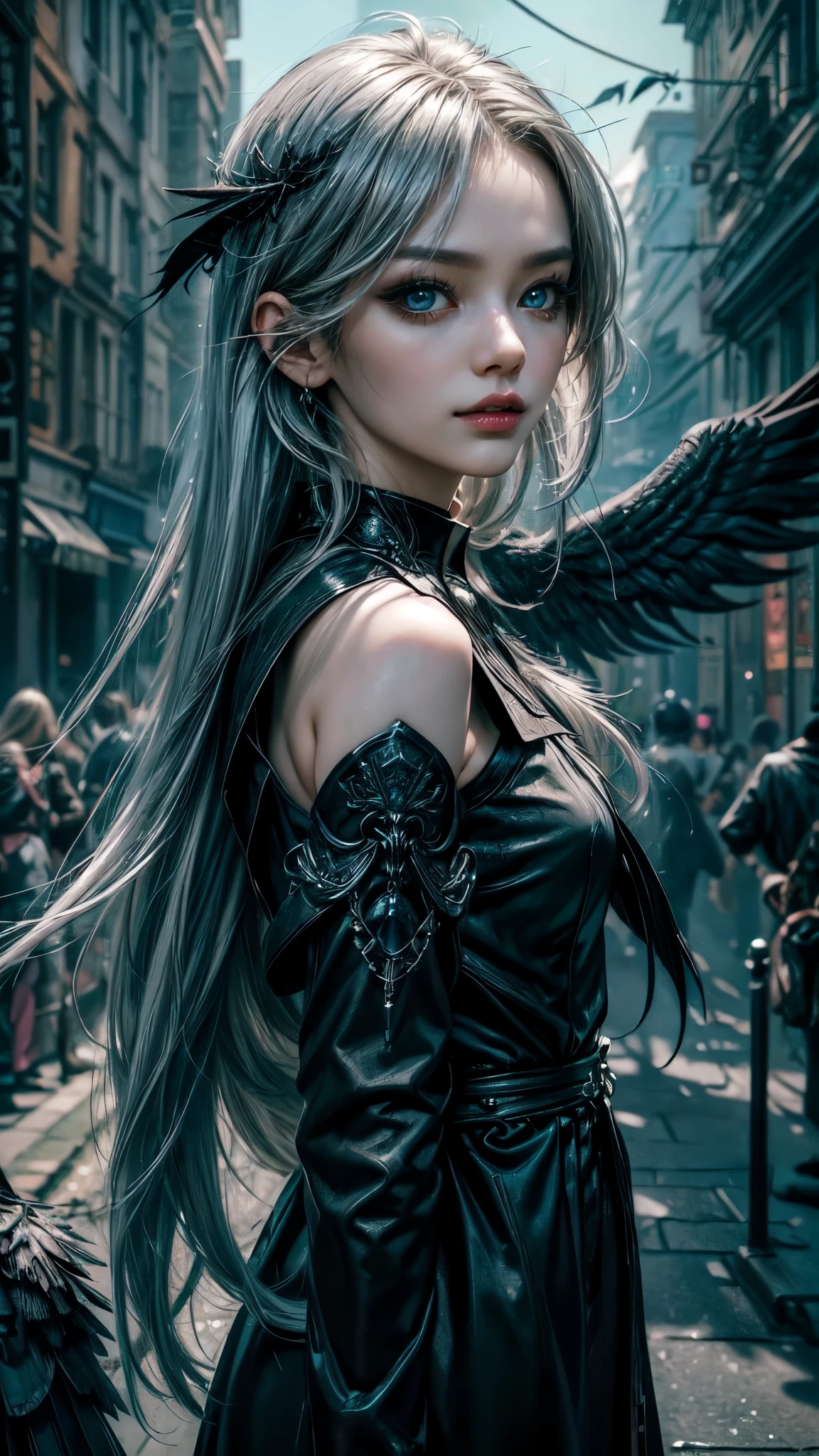 ((4K works))、masterpiece、(top-quality)、((high-level image quality))、((one beautiful women)),detailed face, detailed eyes, detailed hands,、Slim body、full body, ((Black Y Shirt Fashion))、(Detailed beautiful eyes)、Crow on fantastic city background、Walking in a crowded city、((Face similar to Chaewon in Ruseraphim))、((shoulder-length hair))、((bright silver hair))、((Smaller face))、((Neutral face))、((Light blue eyes))、((Korean Women))、((18year old))、((Wild Lady))、((Wild look))、((Show your fangs and laugh))、((Korean makeup with black eyeshadow))、((elongated and sharp eyes))、((Shot alone))、((Fallen Angel))、((Fallen Angel Woman))、Photos of fallen angels、Villain、((amazing photo))、Photographed so that the whole body can be seen、horor、((There is a crow on the right shoulder))、Dark Proof、((Shot diagonally from the side))、Professional Photos
